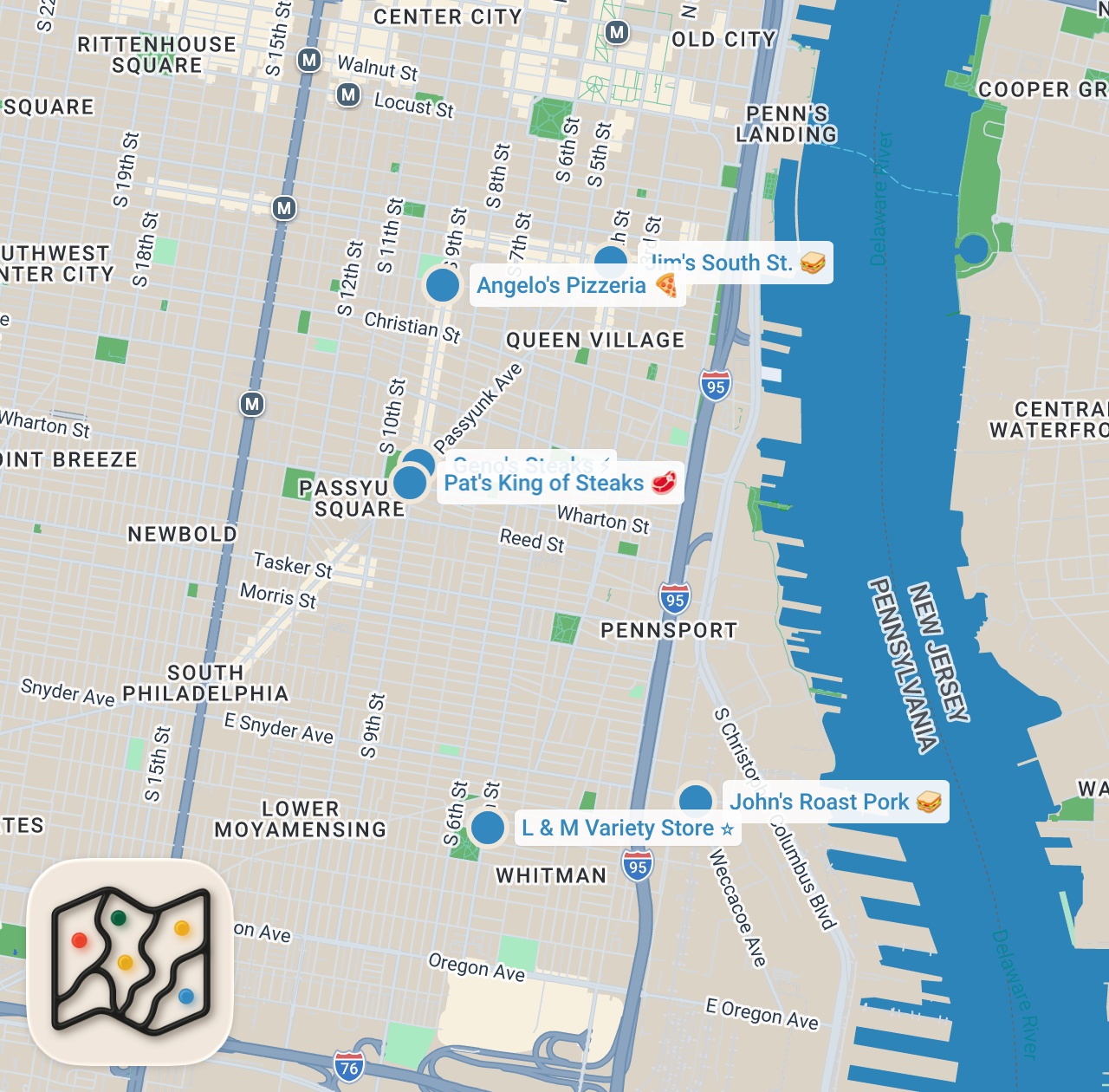 Map preview for Philly Cheesesteak Tour - 5 FAMOUS STEAKS TO EAT!! | American Fast Food in Philadelphia!