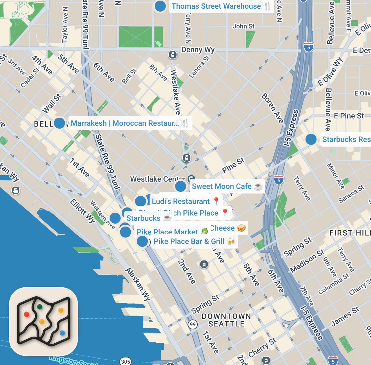 Map preview for 10 BEST PLACES to EAT in Downtown Seattle, Washington