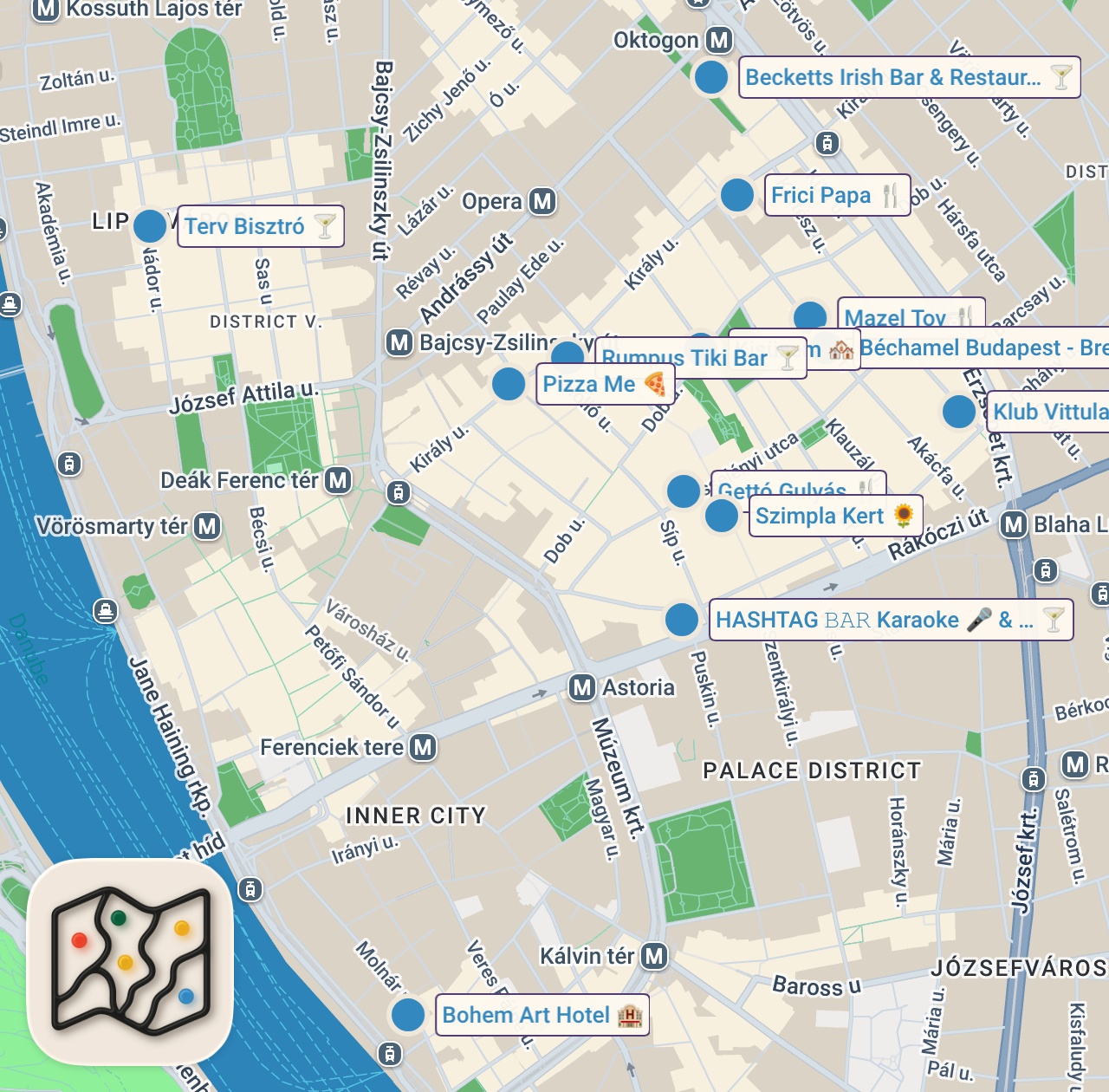 Map of 14 spots from BUDAPEST BEST FOOD AND DRINK GUIDE 🇭🇺