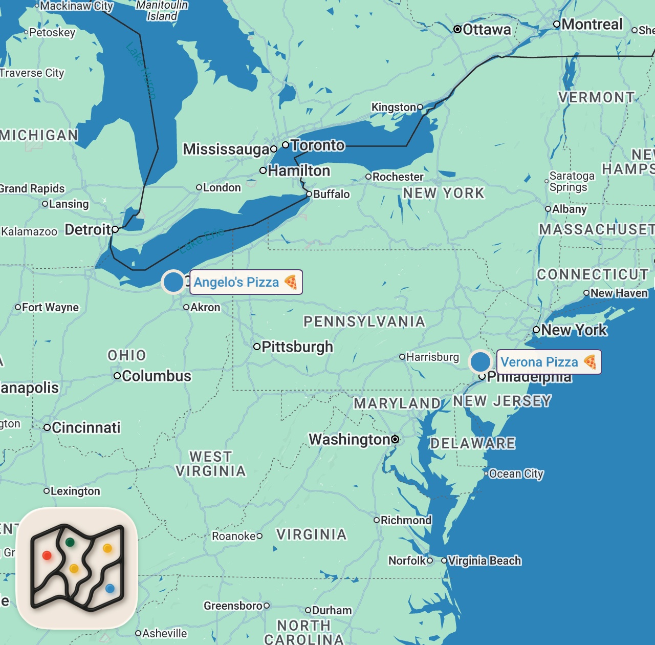 Map of 2 spots from Trying what MANY consider to be the Best Cheesesteak in the entire country! 🔥👀
