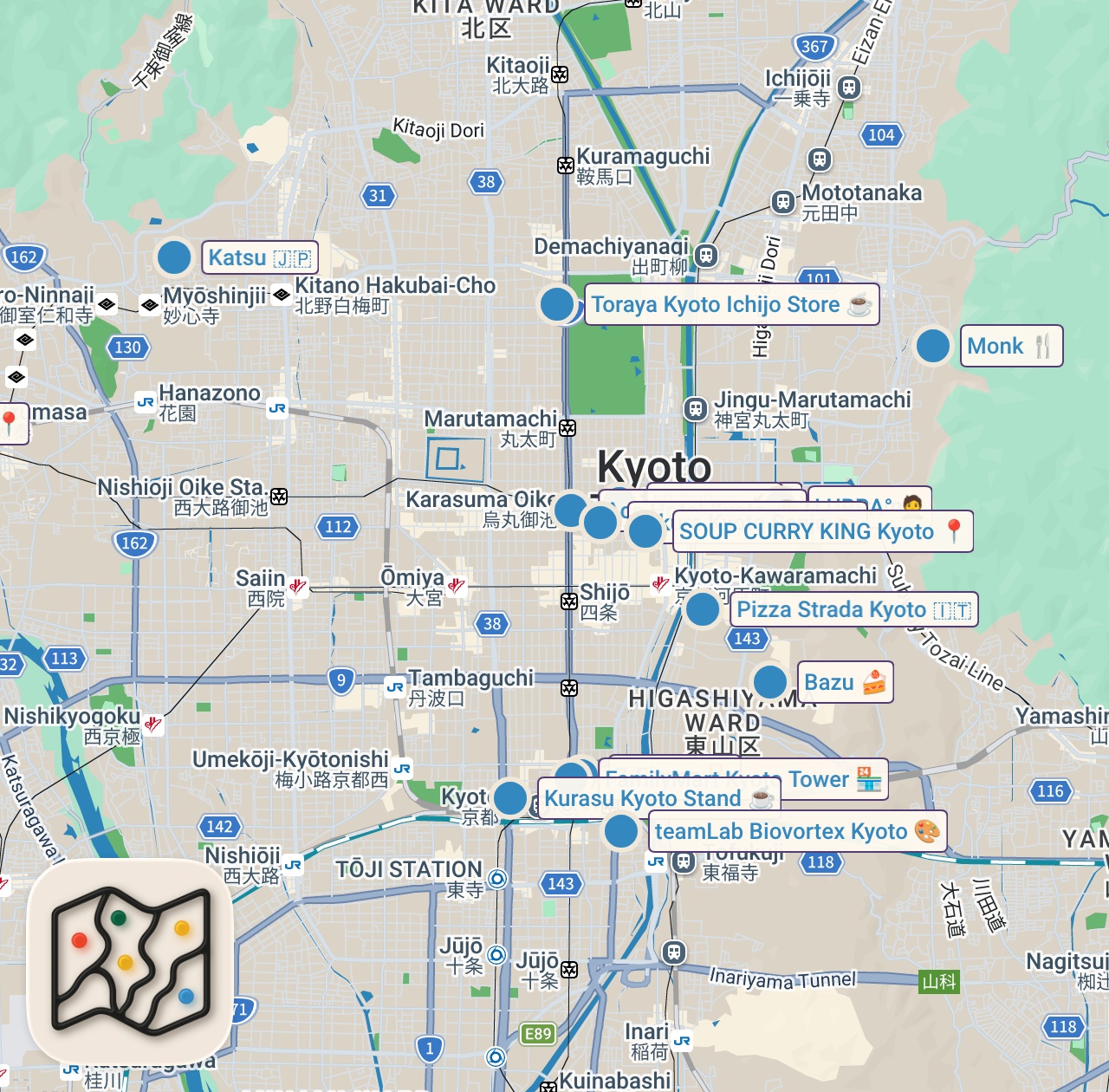 Map of 16 spots from 9 MUST EAT Kyoto Japan Restaurants