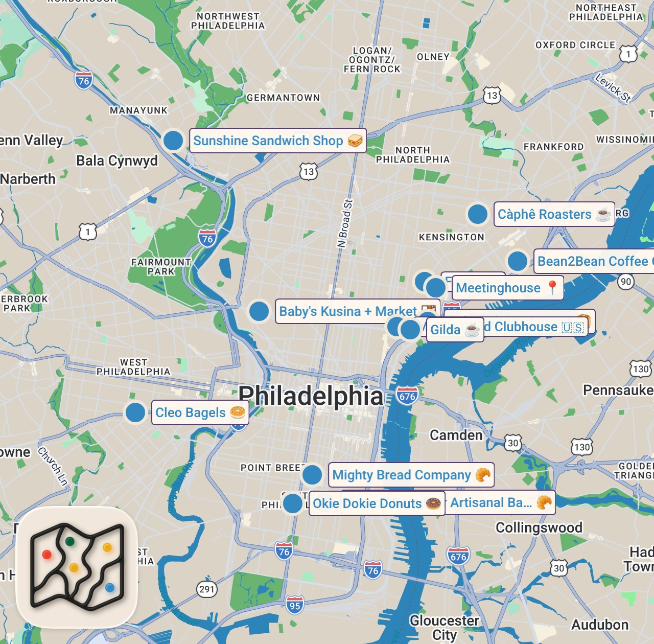 Map of 15 spots from The best breakfast sandwiches in Philly.