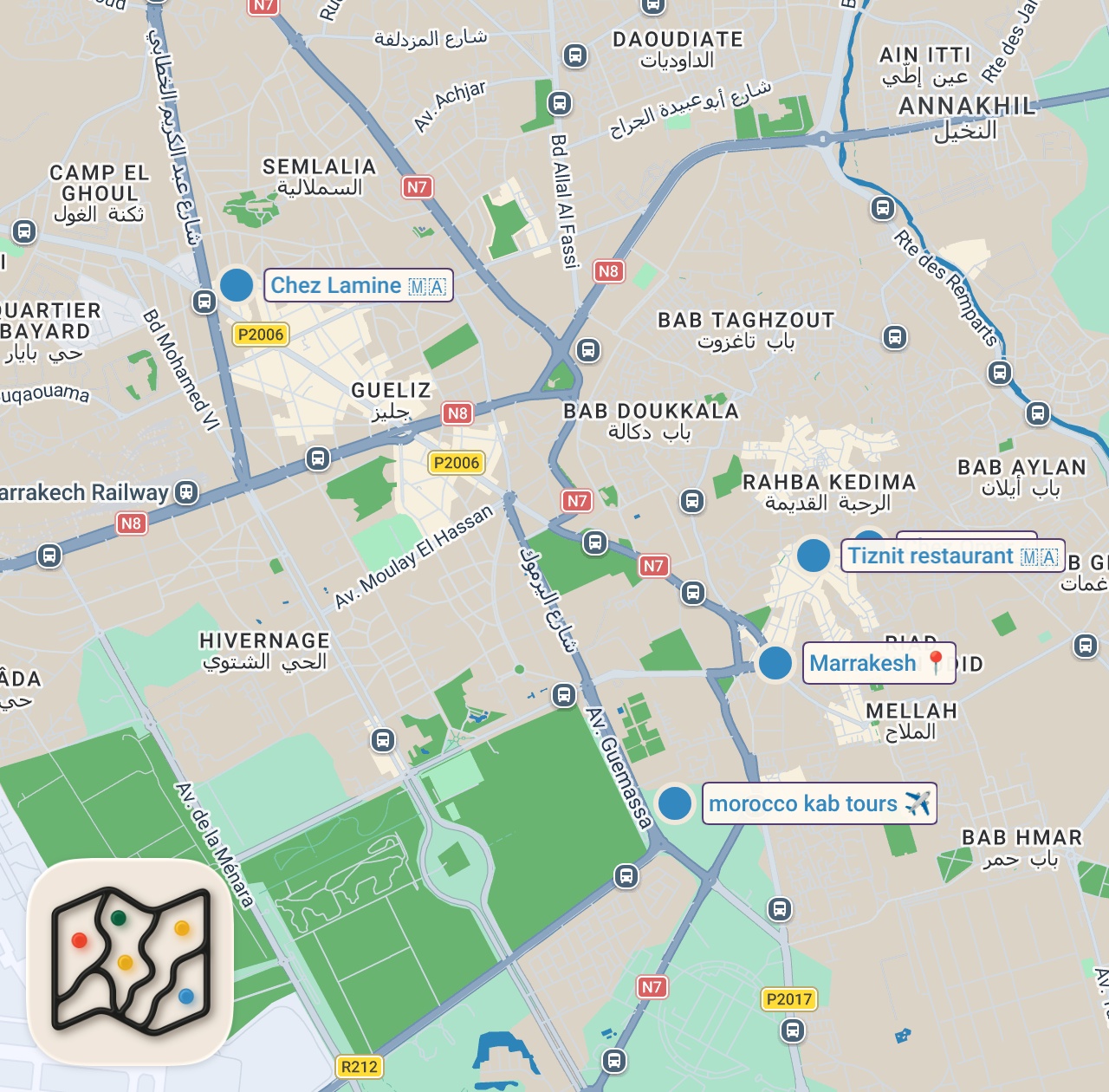 Map of 5 spots from $1.49 Morocco Fast Food - SANDWICH KING!! 🥙 Marrakesh Street Food Tour!