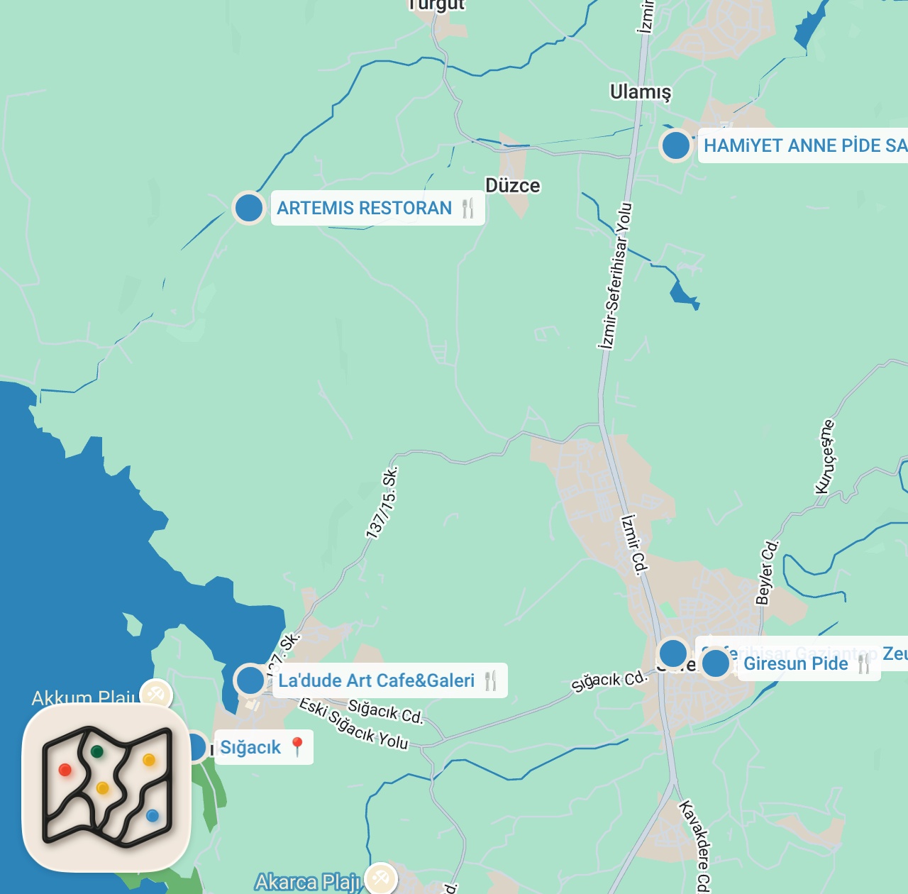 Map preview for Seferihisar’ın Lezzetleri - 5 Mekan