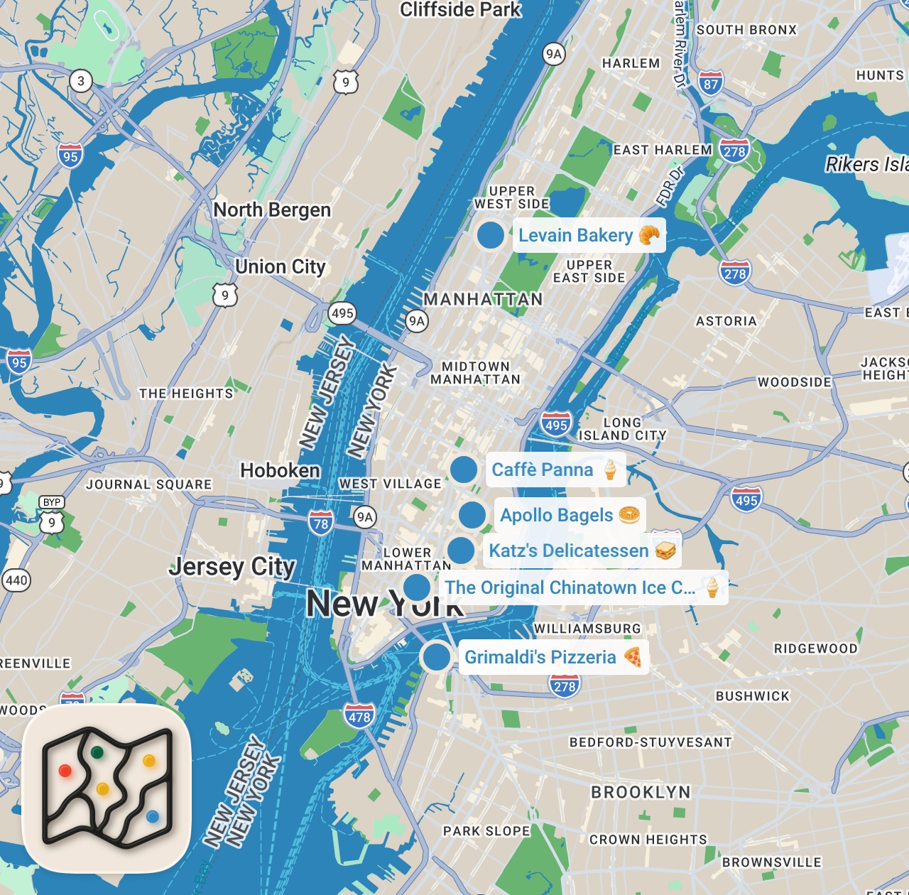 Map preview for 24 hours in NYC - iconic places to eat