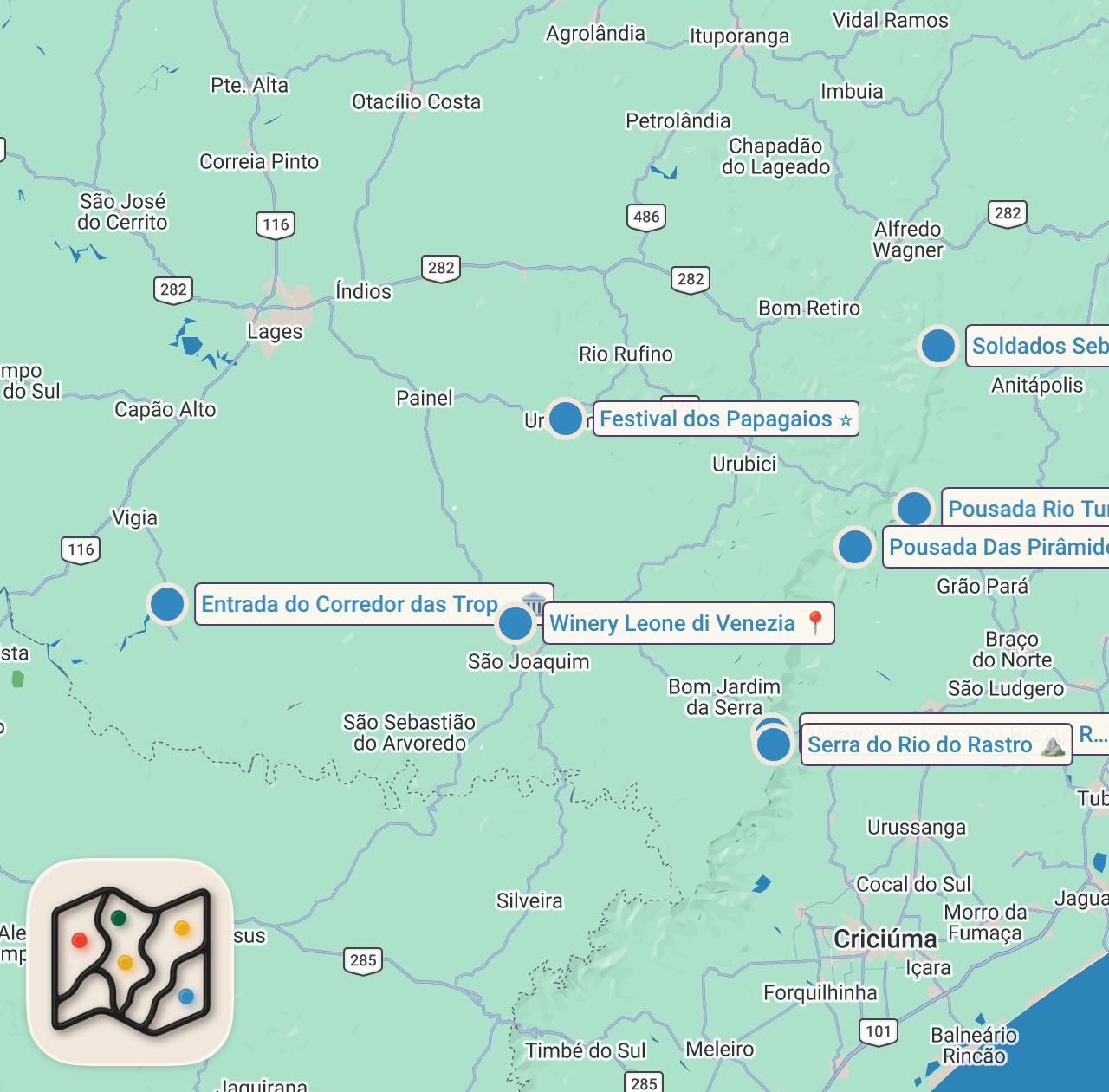 Map preview for 10 Dias Explorando os Lugares mais Surreais de Santa Catarina