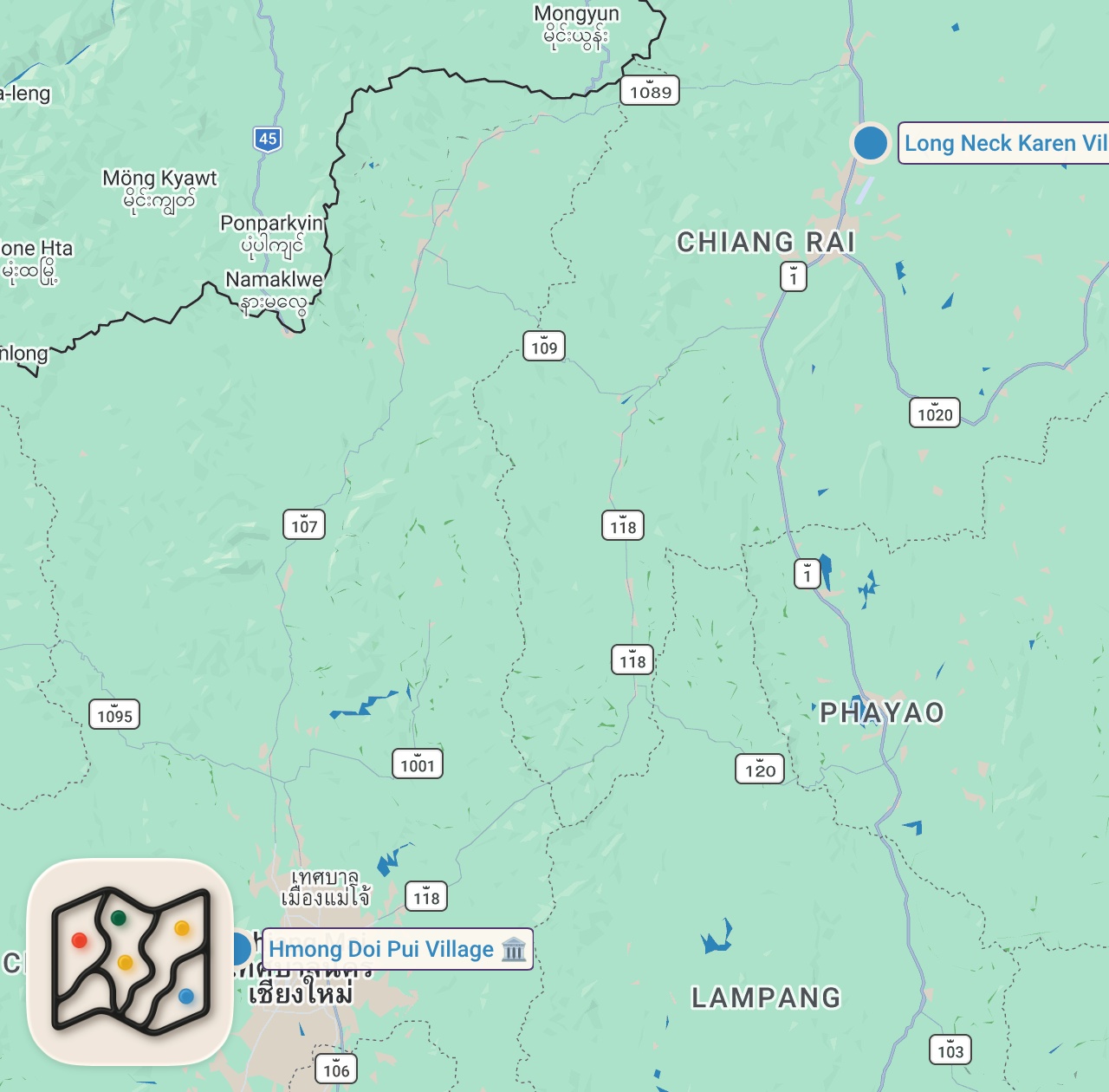 Map of 2 spots from Extreme Jungle Food!! EATING WHOLE BANANA TREE 🌴 Karen People Thailand!!