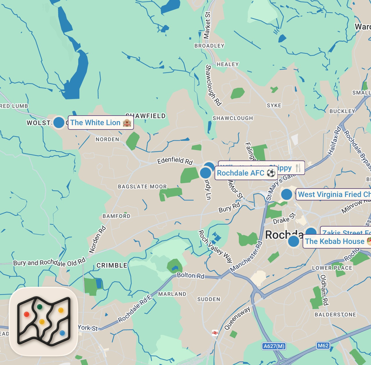 Map of 6 spots from I WASN’T READY FOR THE FOOD IN ROCHDALE