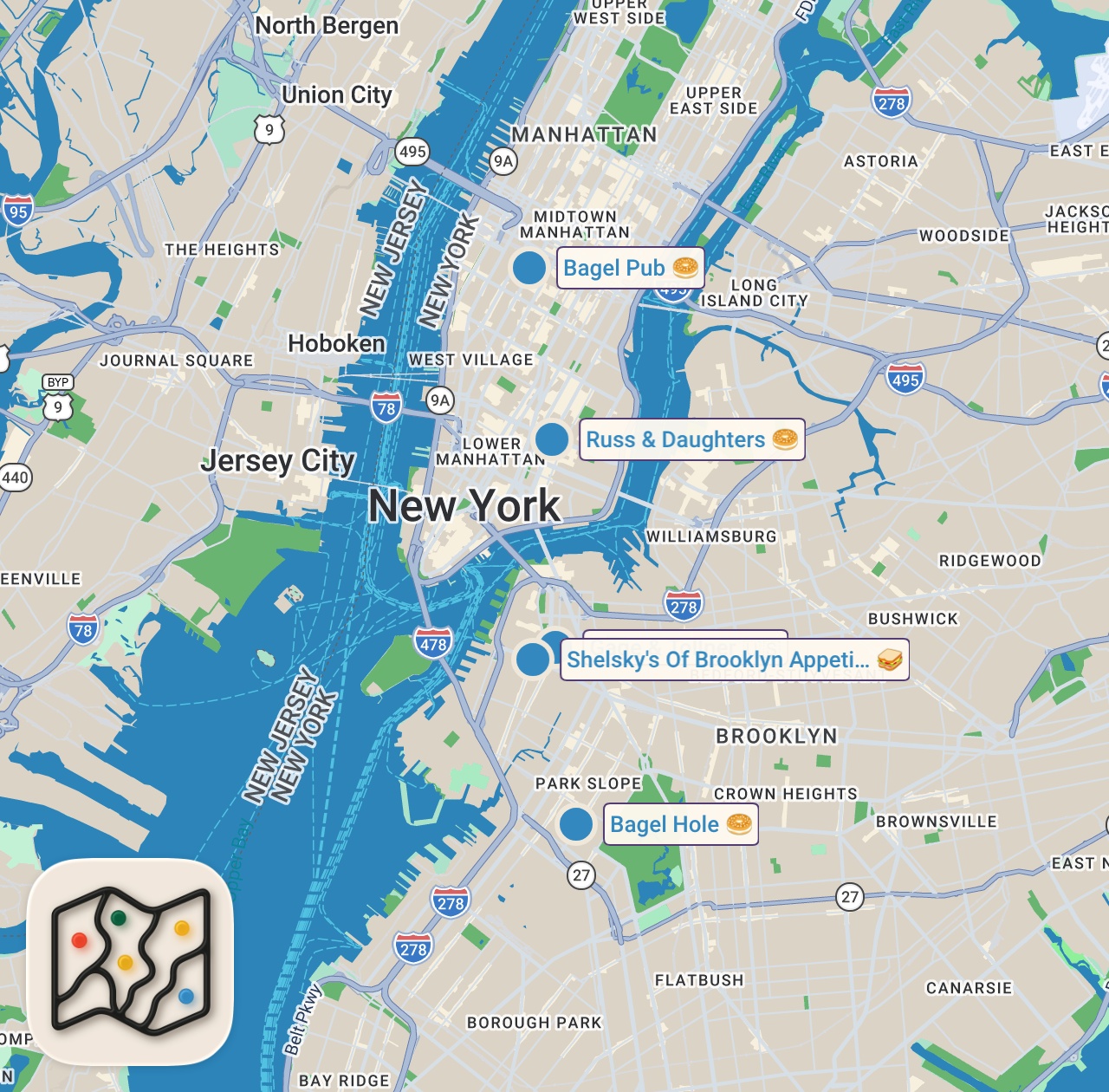 Map of 5 spots from Brad Lander has a PROFESSIONAL Bagel Order!