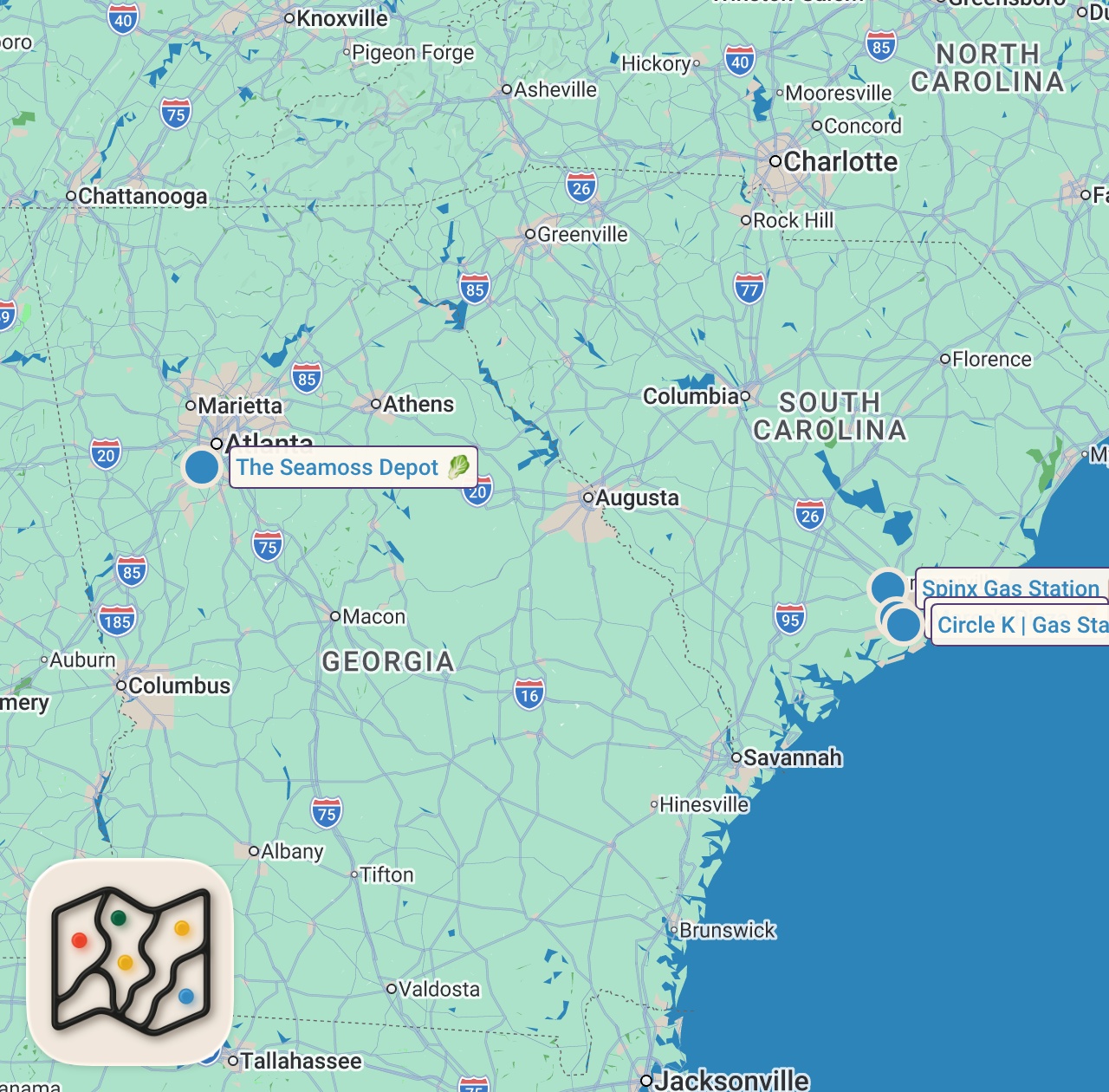 Map preview for Eating at Gas Station Restaurants For 24 Hours... (South Carolina)