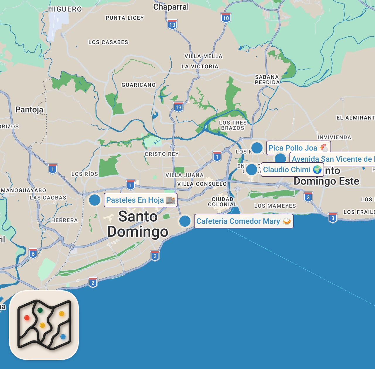 Map of 6 spots from I Ate STREET FOOD in the Dominican Republic for 24 Hours!!