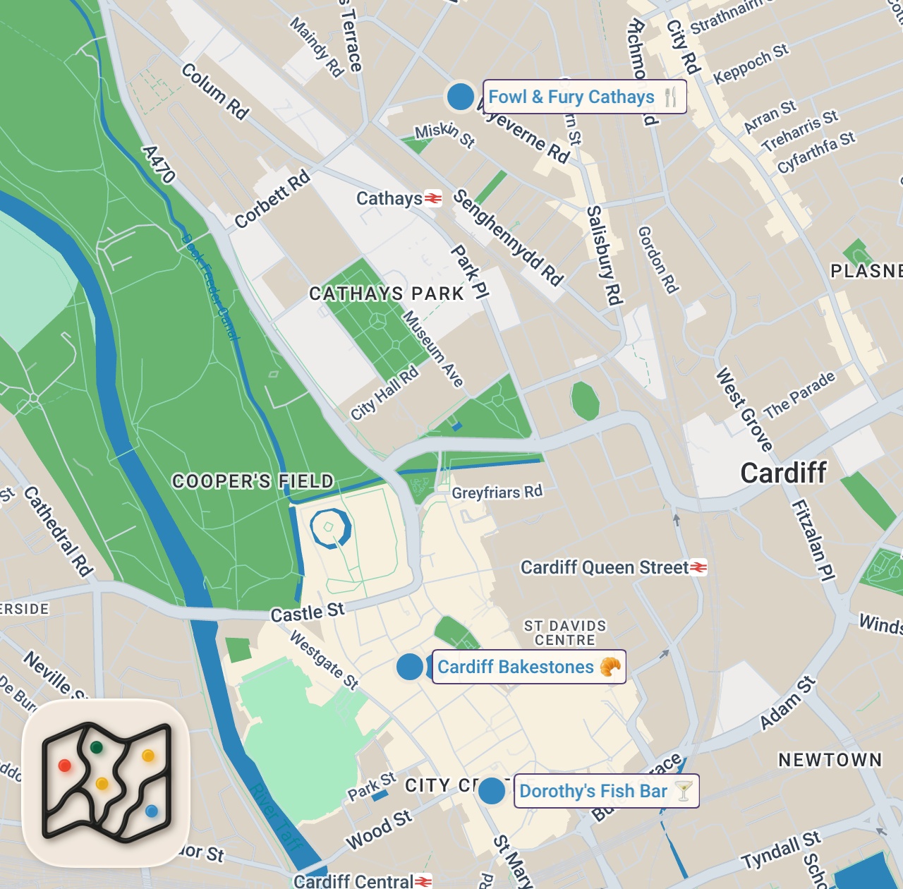 Map of 4 spots from I Ate In The UK's FRIENDLIEST City!