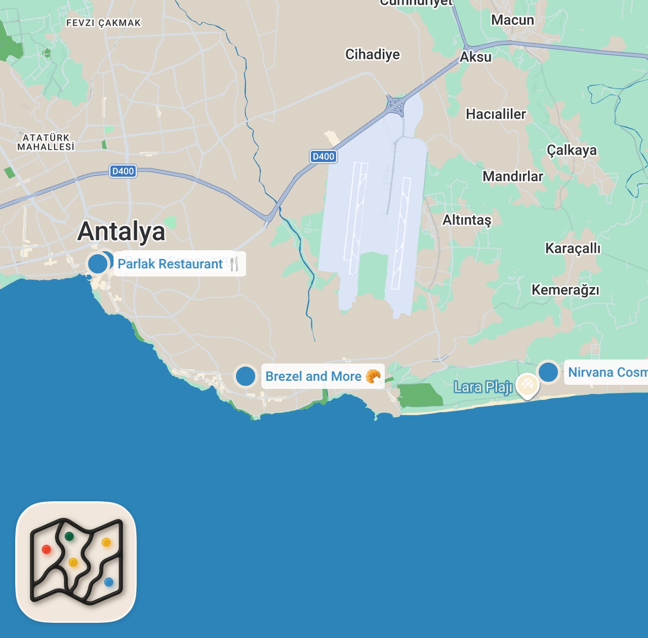 Map preview for ŞEHRİNİ GEZDİR | Antalya - Davar Torosico, Oğlak Tandır, Kelle Paça, Pretzel, Közde Piliç