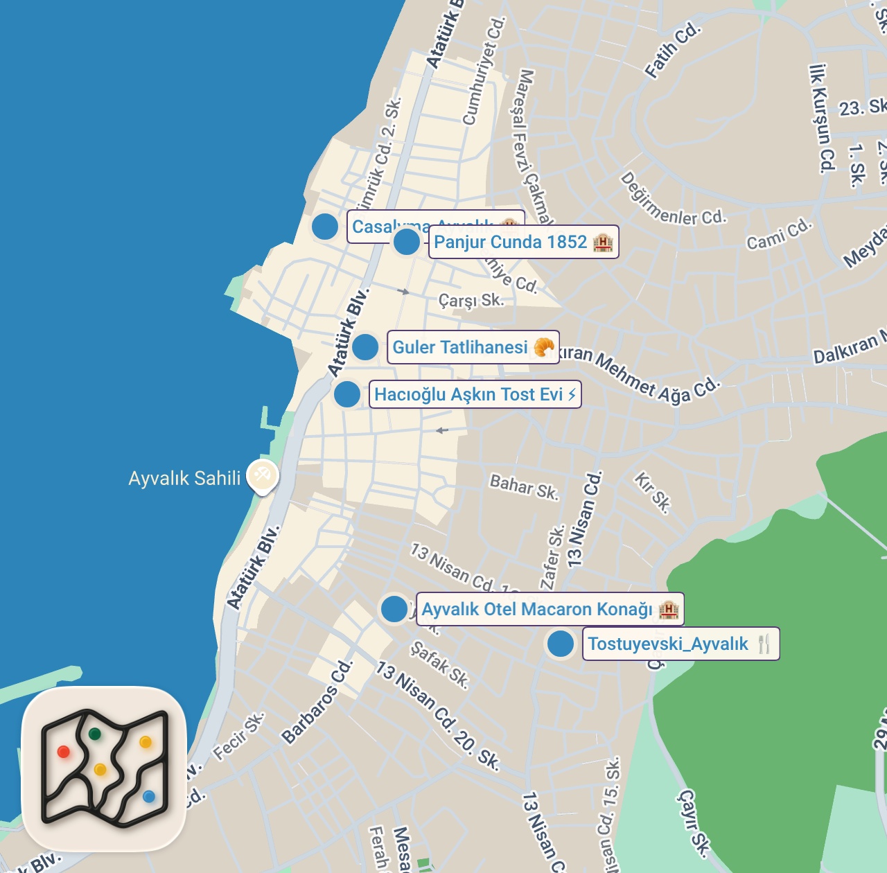 Map of 7 spots from Ayvalık'ta 48 Saat Yetmedi! Tost İçin Geldik, Hayran Kaldık. | YE İÇ YAT #9