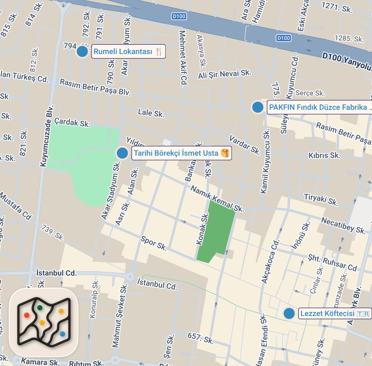 Map of 4 spots from Bu Şehir Sürpriz Çıktı! Düzce’nin Gizli Lezzetlerini Keşfettim