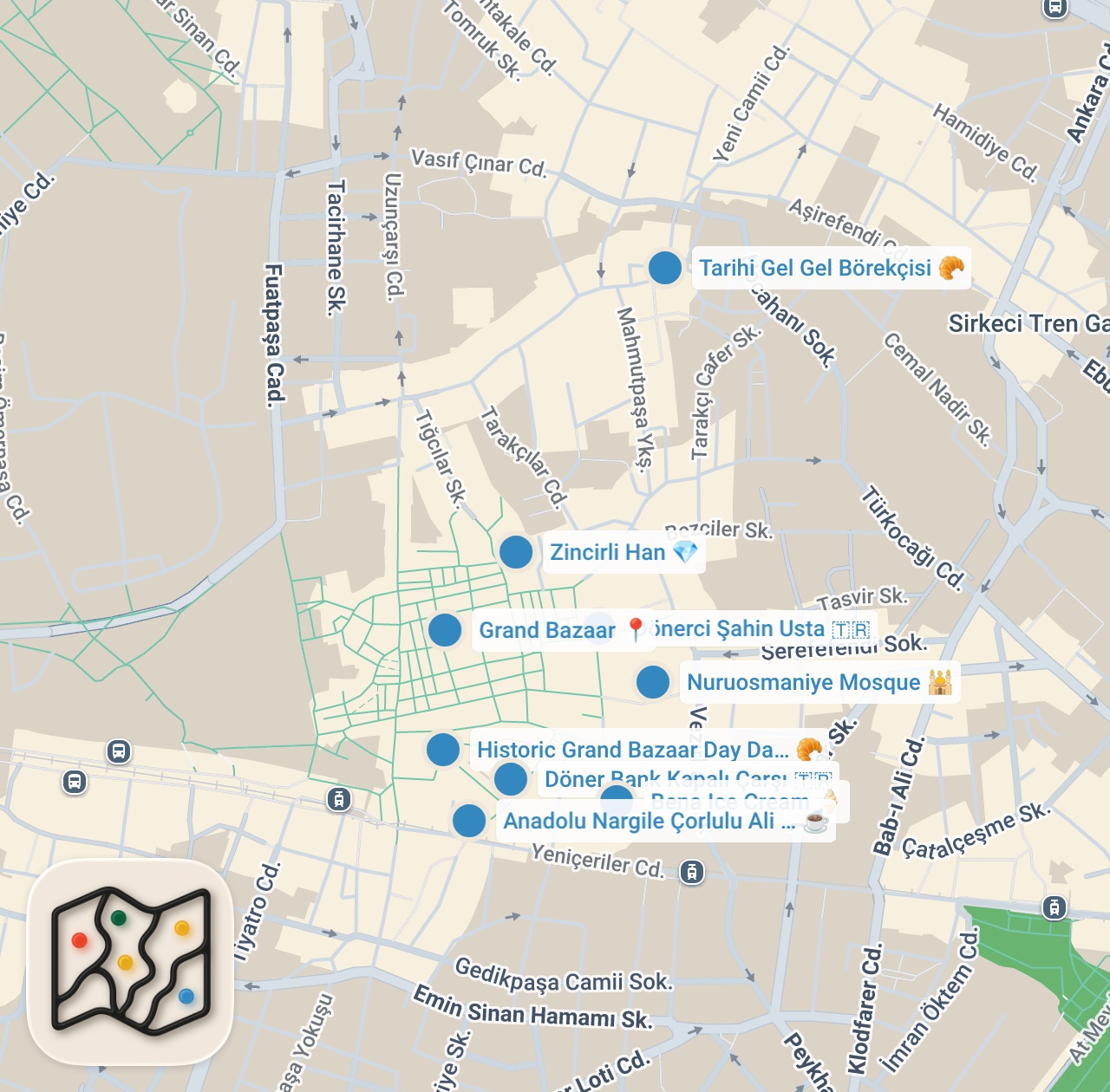 Map preview for Tarihi Yarımada Lezzetleri | Elmalı kurabiye, Kapalıçarşı turu, nokta atışı döner ve gizli tatlıcı!