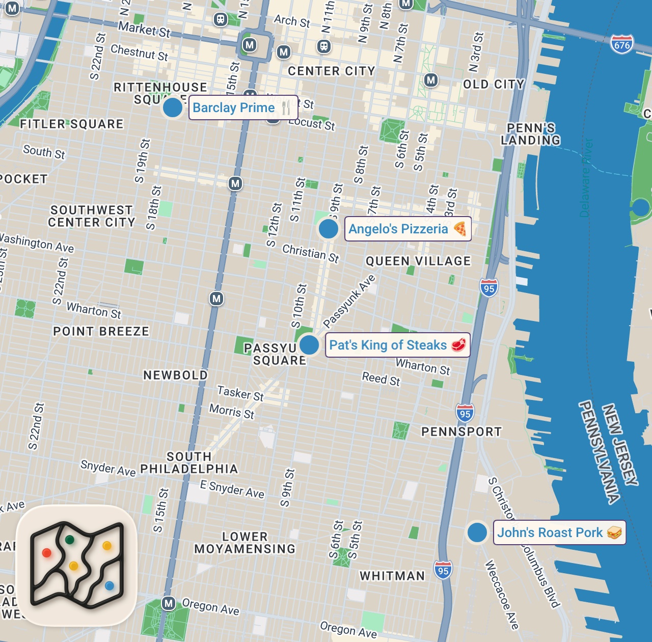 Map of 5 spots from Finding the Best Cheesesteak in Philly! | Asking Philly Locals | $14 vs. $140 Cheesesteak!