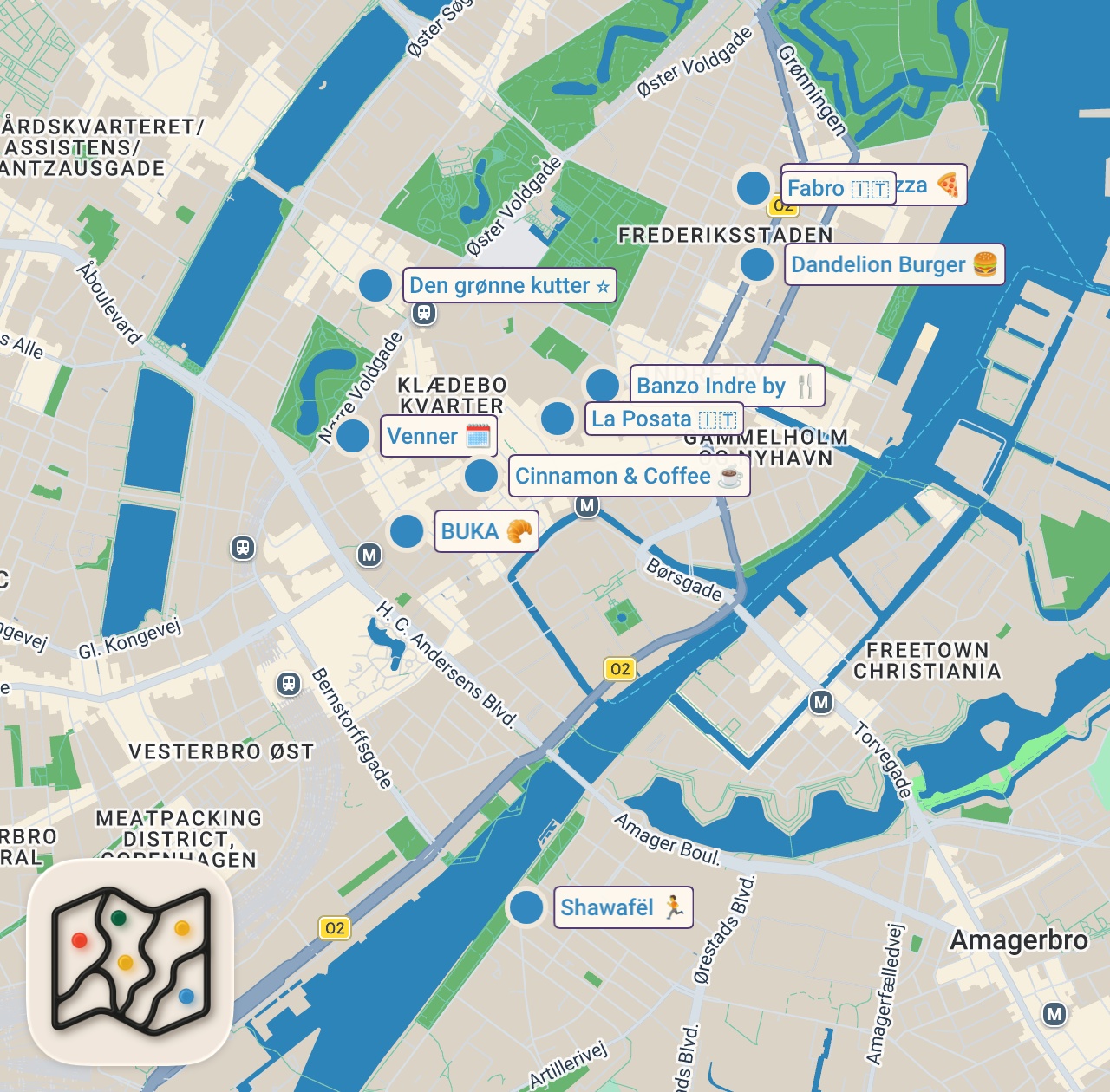 Map of 10 spots from 10 Steder Du SKAL spise hos i København!