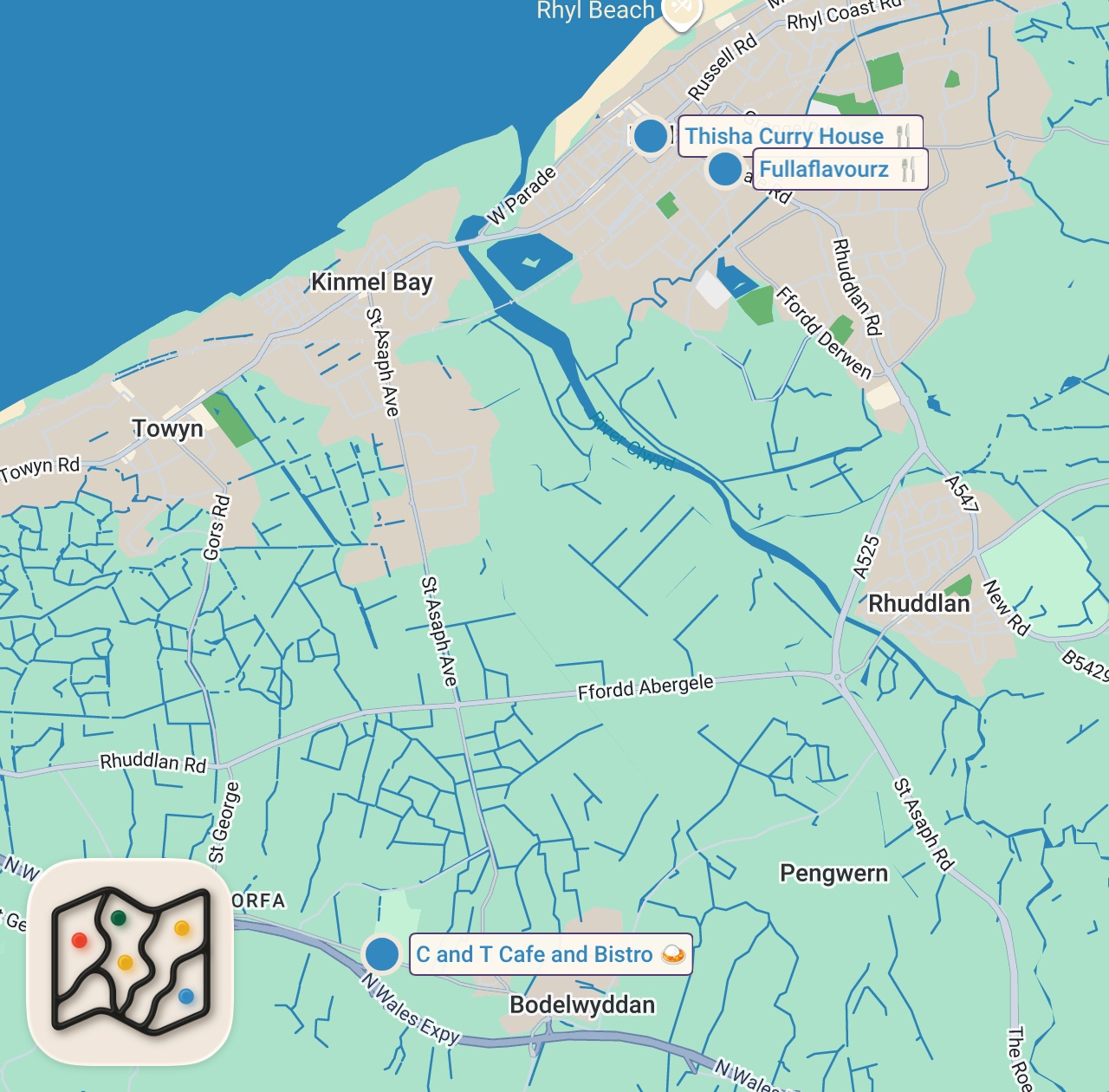 Map of 3 spots from I didn’t expect this INCREDIBLE food in Rhyl