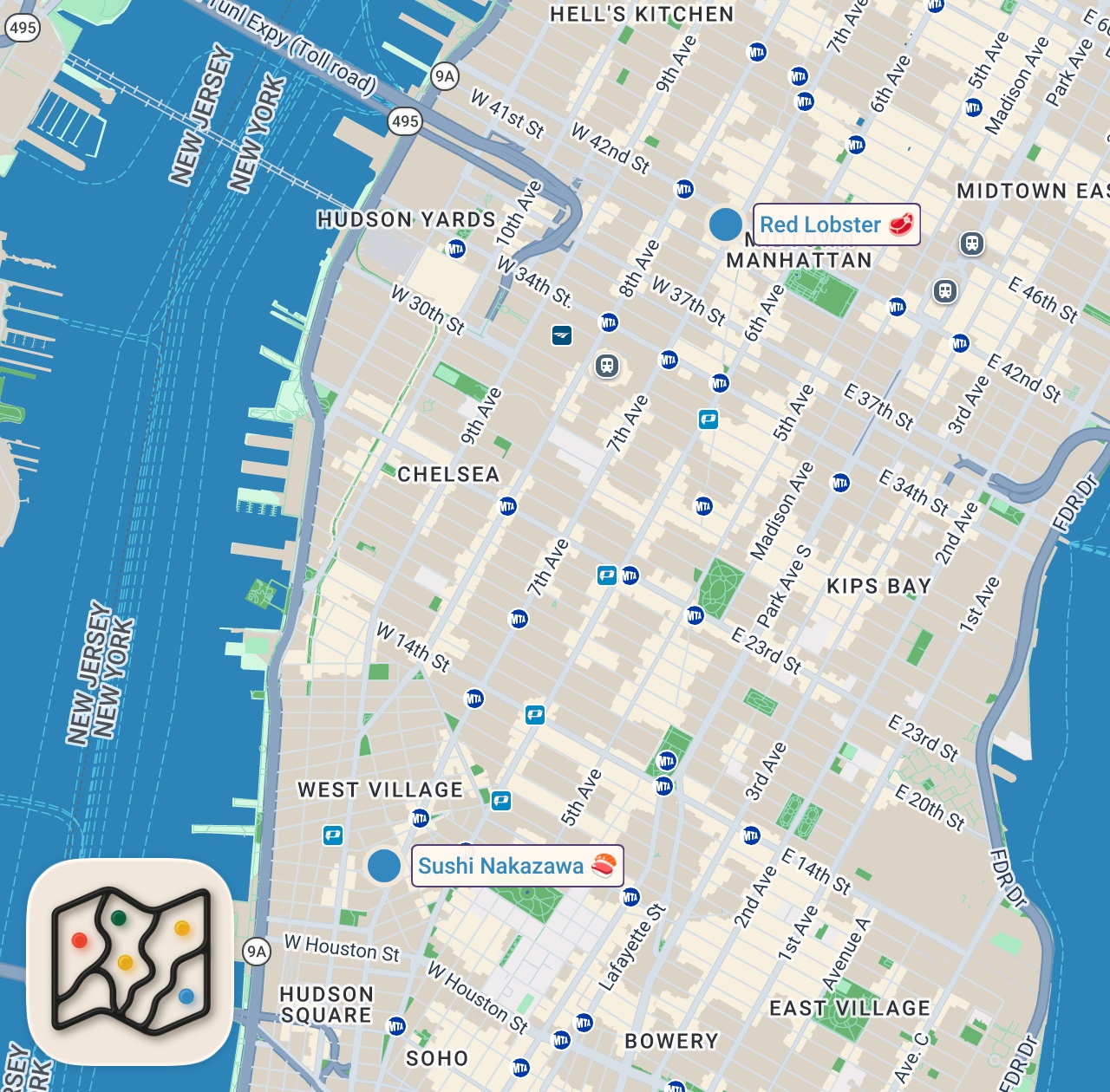 Map of 2 spots from Surprising my wife with a $500 Michelin Star experience (Sushi Nakazawa)