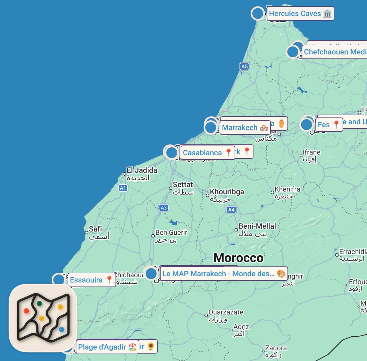 Map of 21 spots from المغرب سياحة: 8 مدن سياحية تستحق الزيارة مع التكاليف، الأسعار والنصائح