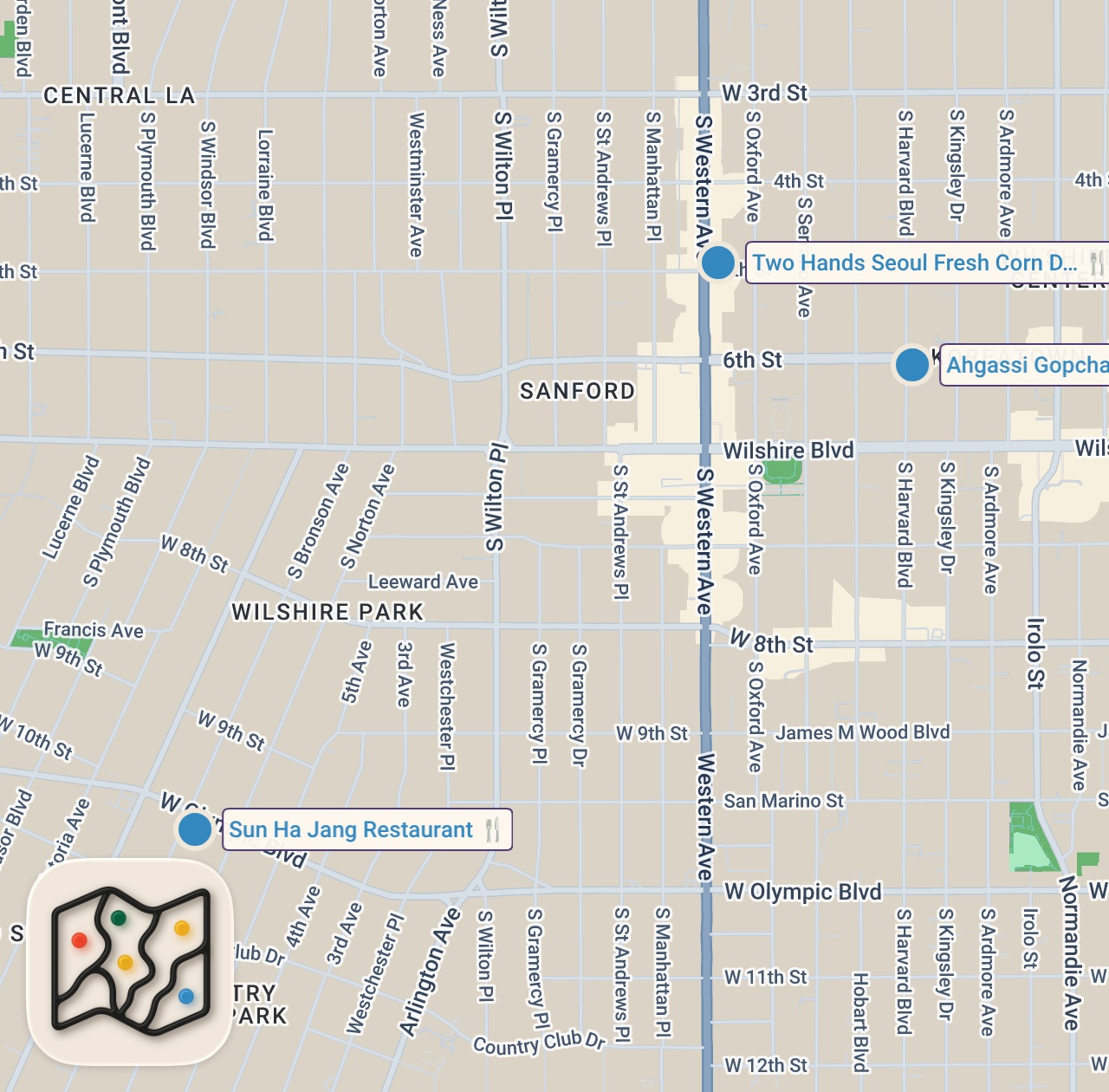 Map of 3 spots from Korean Food Tour - CORN DOG CHEESE PULL + Korean BBQ in Koreatown, LA!! [Part 2]