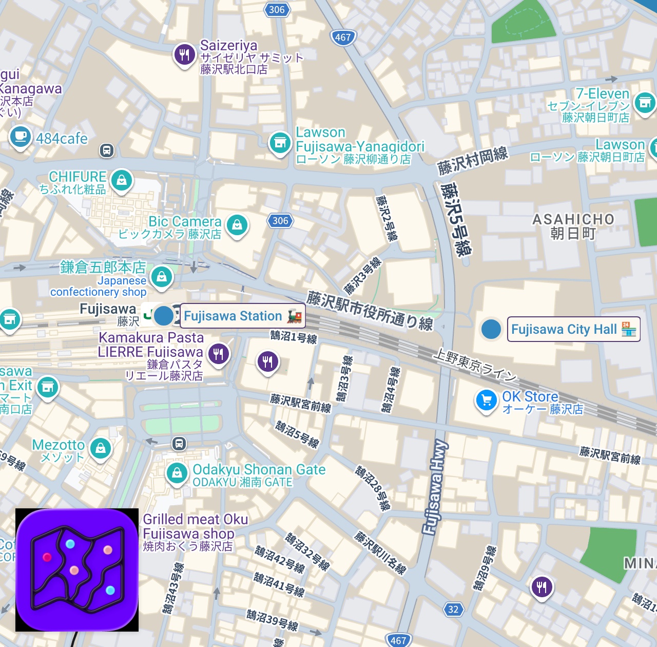 Map of 2 spots from 藤沢　4K　【子供目線で街歩き80】   2026/07/10  Low Angle walking tour Japan / Kanagawa / fujisawa