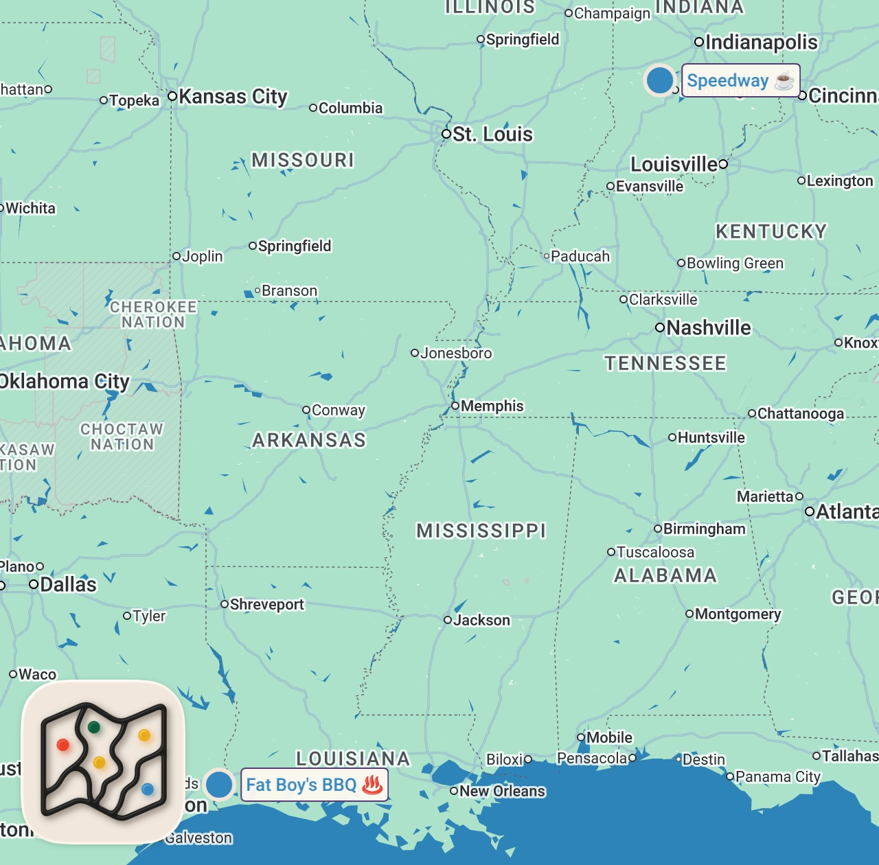 Map of 2 spots from Eating at Gas Stations For 24 Hours...AGAIN (You Won't Believe This!)