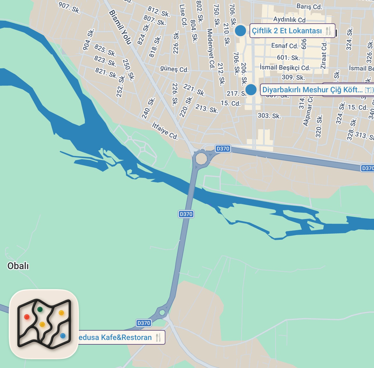 Map of 5 spots from Diyarbakır Bismil’de Mutlaka Denemeniz Gereken Lezzetler! #reklam #video #shortvideo #youtube