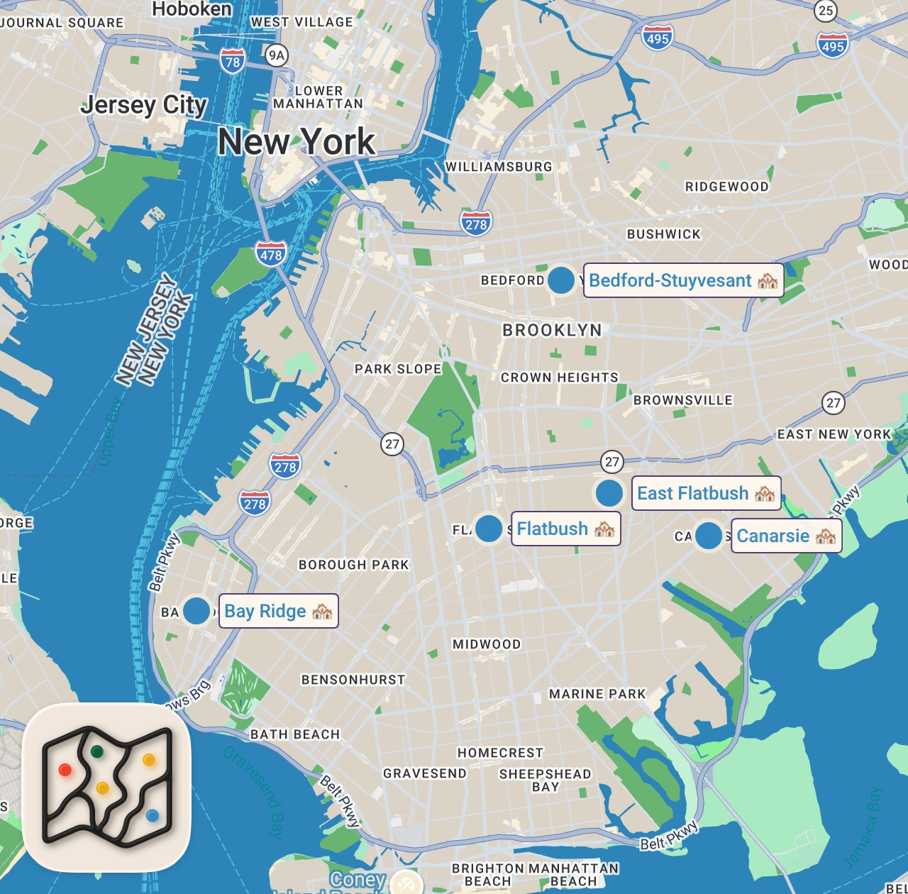 Map of 5 spots from I Tried Food from Facebook Marketplace in Brooklyn New York