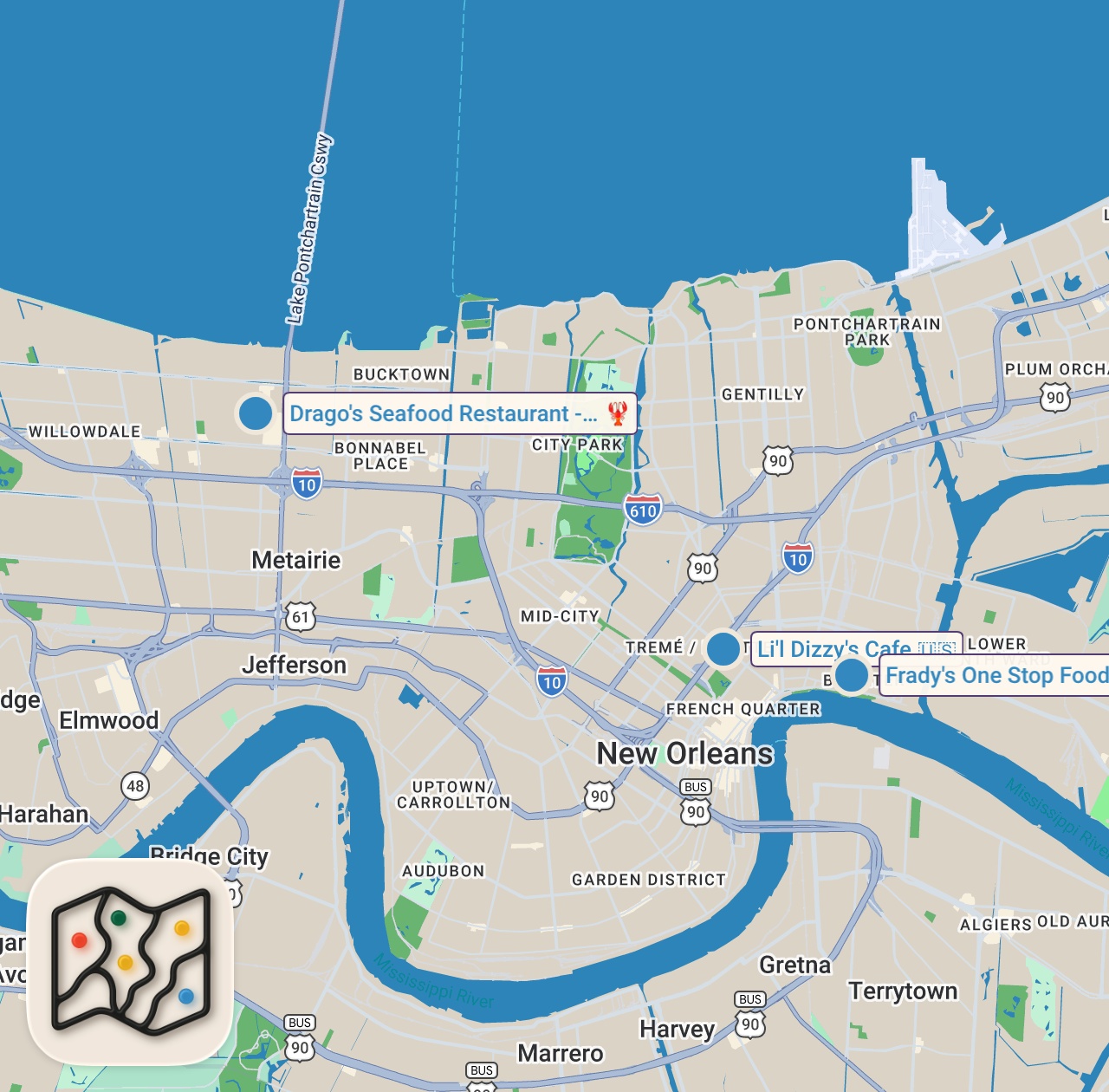 Map of 3 spots from 36 Giant Oysters - INSANE FIRE BUTTER BATH!! 🔥🦪  Best Food in New Orleans!!