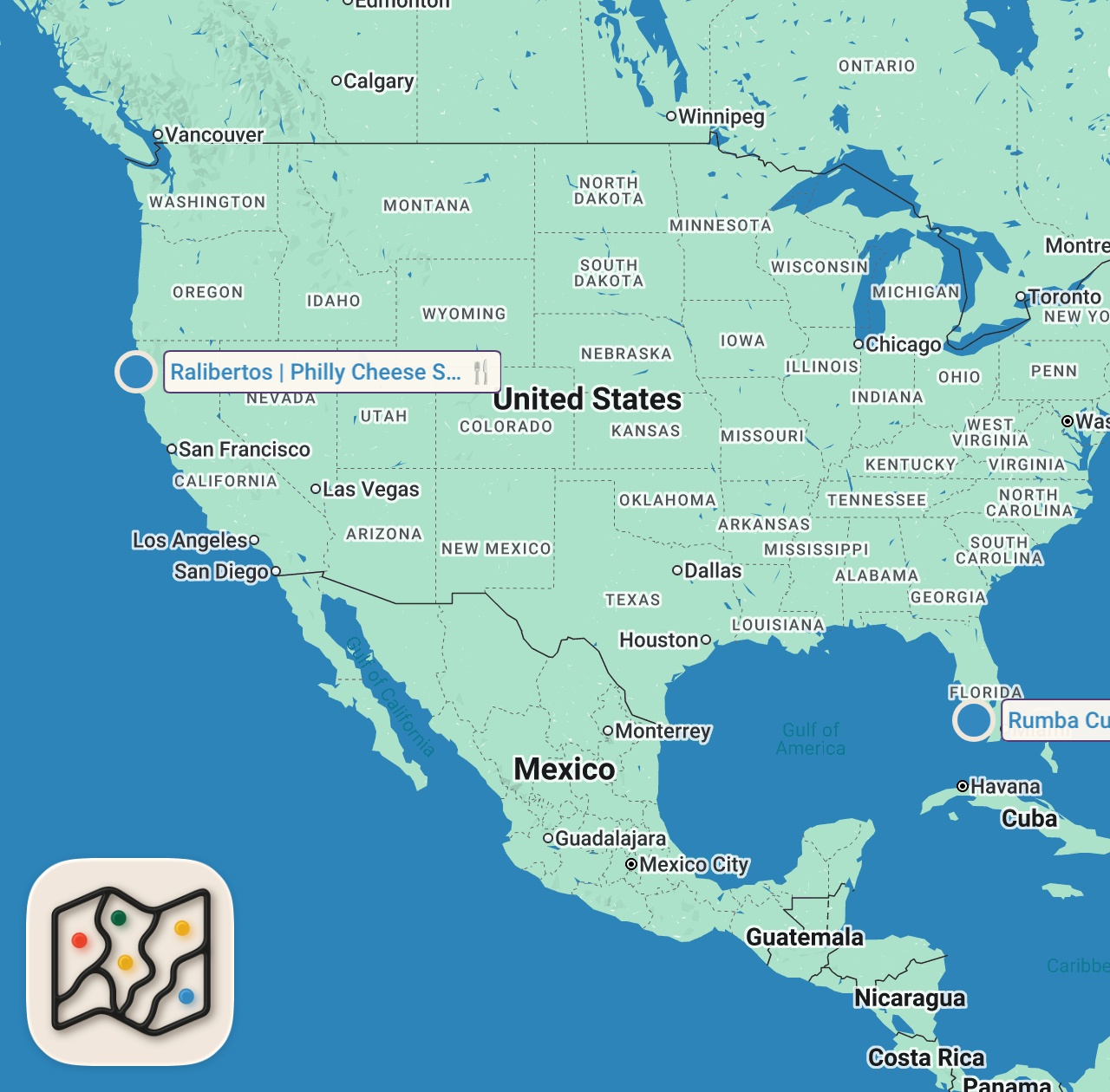 Map of 2 spots from Eating at SKETCHY Restaurants For 24 Hours... (South Floirda)
