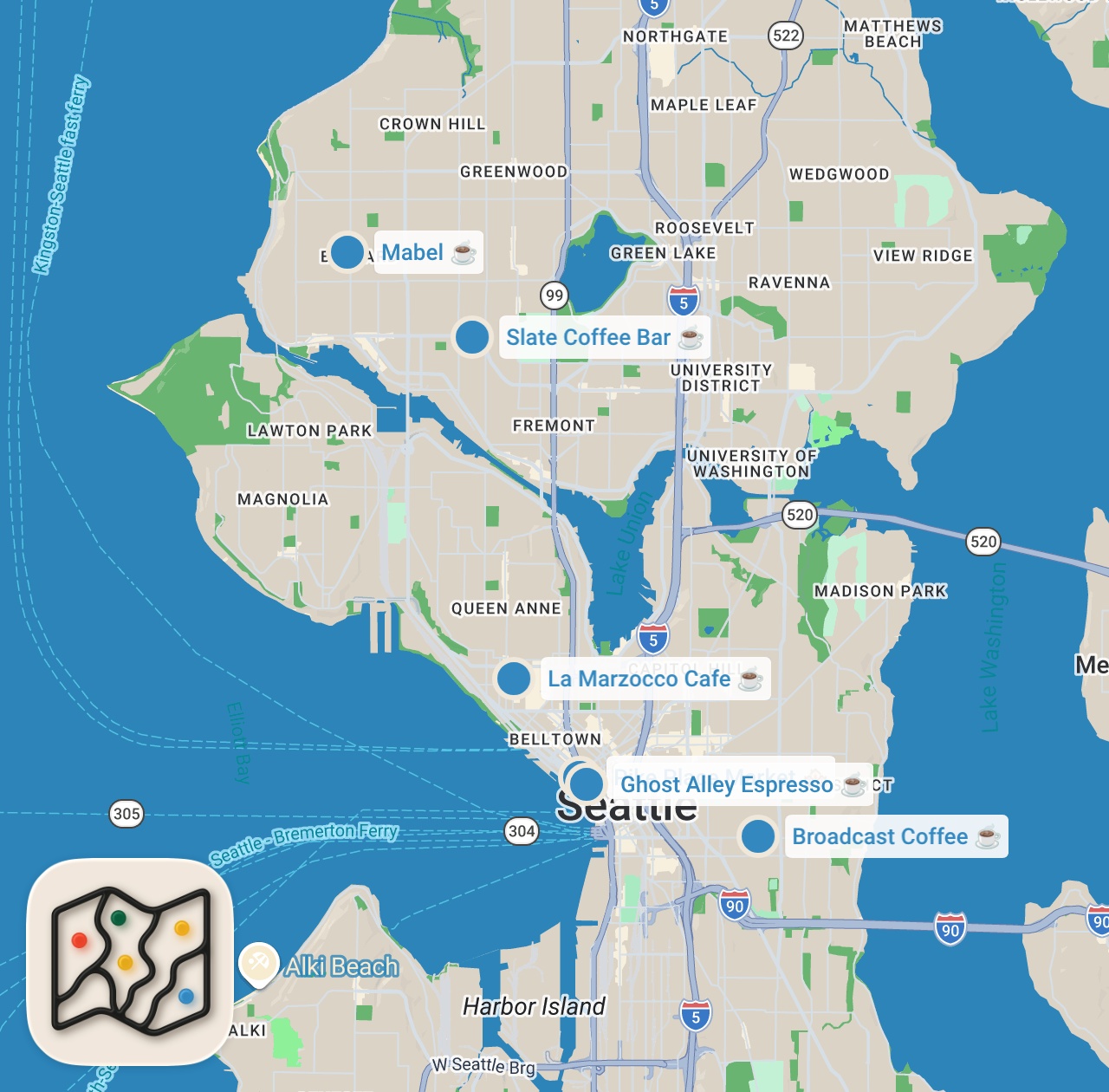 Map preview for Top 5 Must-Visit Coffee Shops in Seattle | Best Cafés in the Coffee Capital