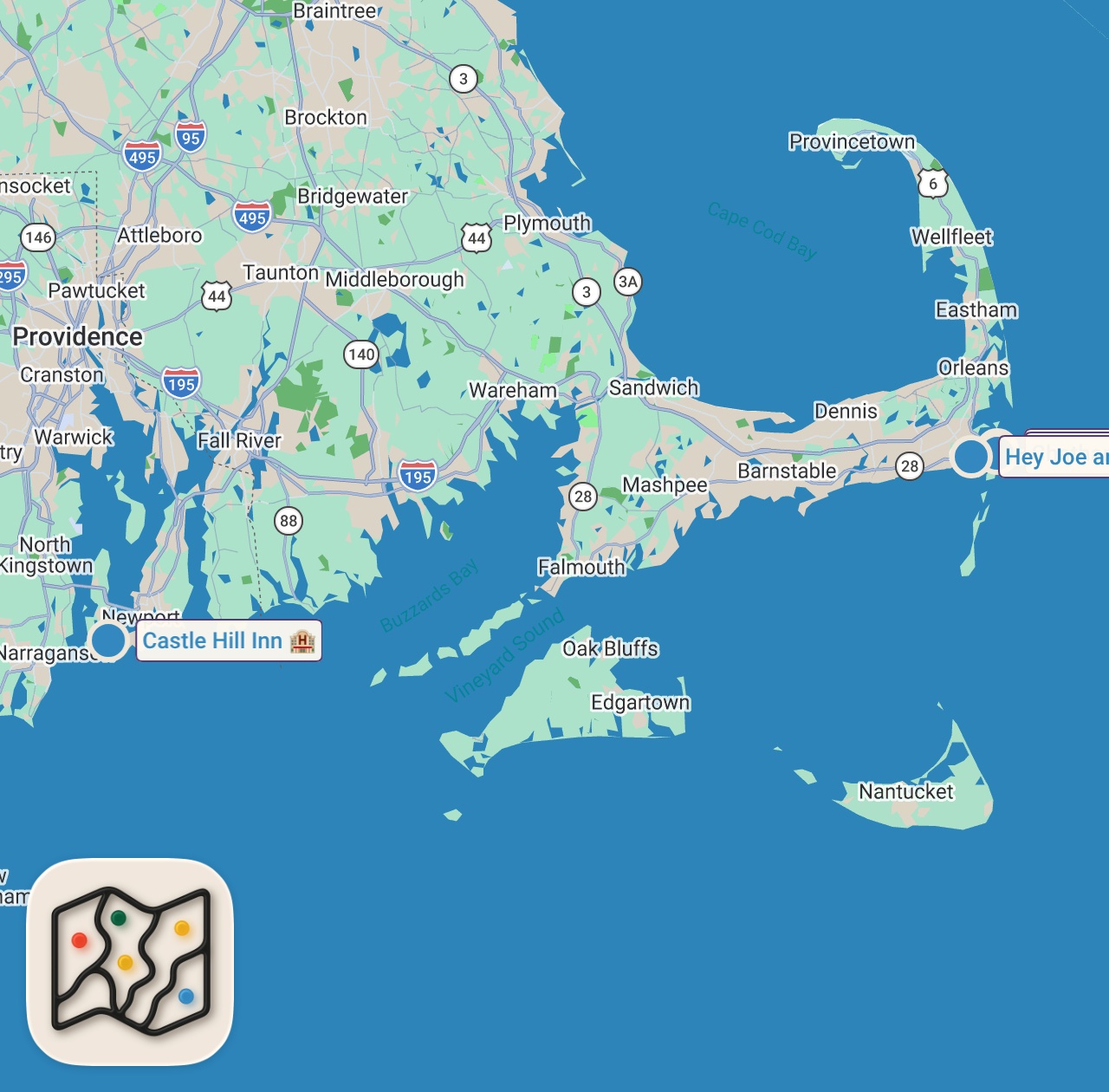 Map of 4 spots from Full day eating in CAPE COD! Lobster pizza, homemade biscuit and jam, fried clam basket