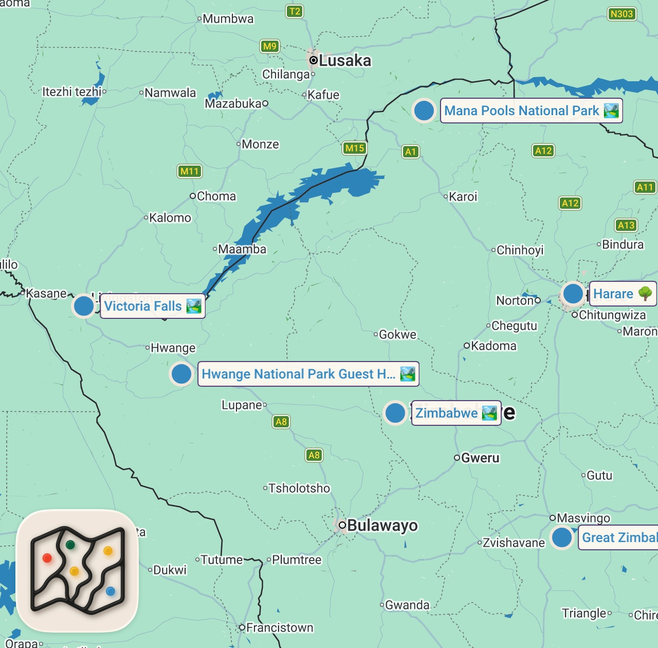 Map of 6 spots from Signing My Life Away At Sketchy $100 Activity In Zimbabwe, Victoria Falls 🇿🇼
