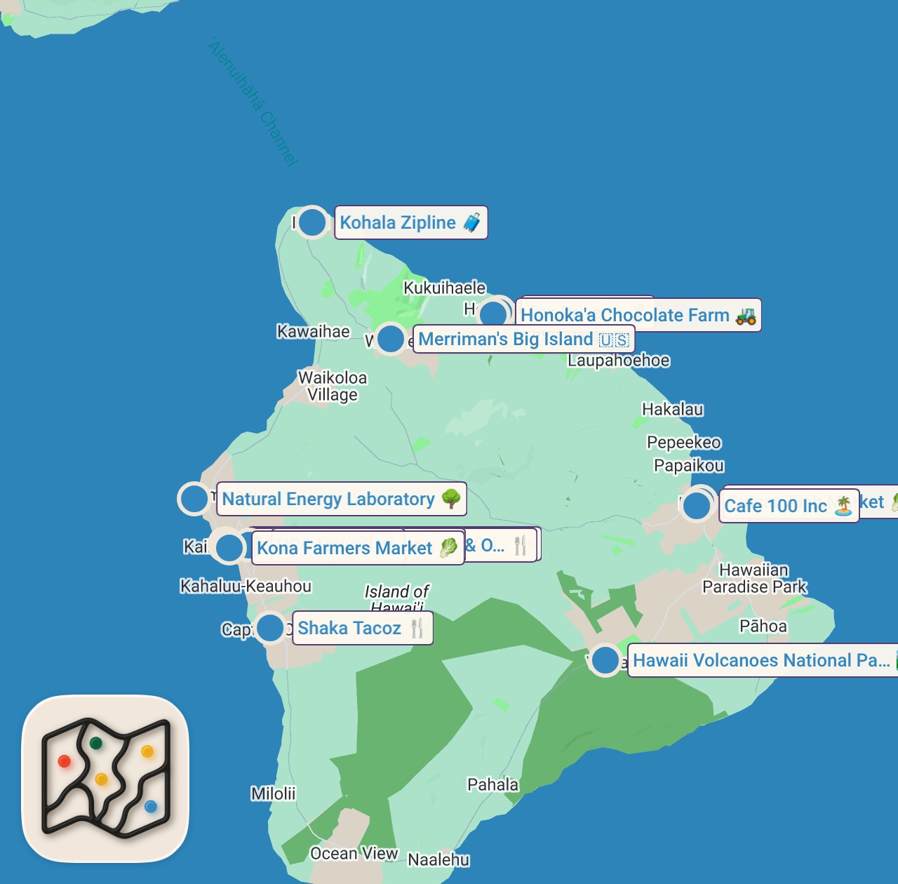 Map of 15 spots from Ultimate Hawaiian Food Tour on the Big Island!!