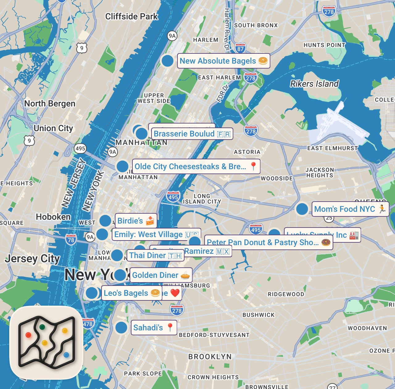 Map of 15 spots from This is everything I ate in four days in New York!👀🍕🥯#newyork #nycfood #nyceats #newyorkcity
