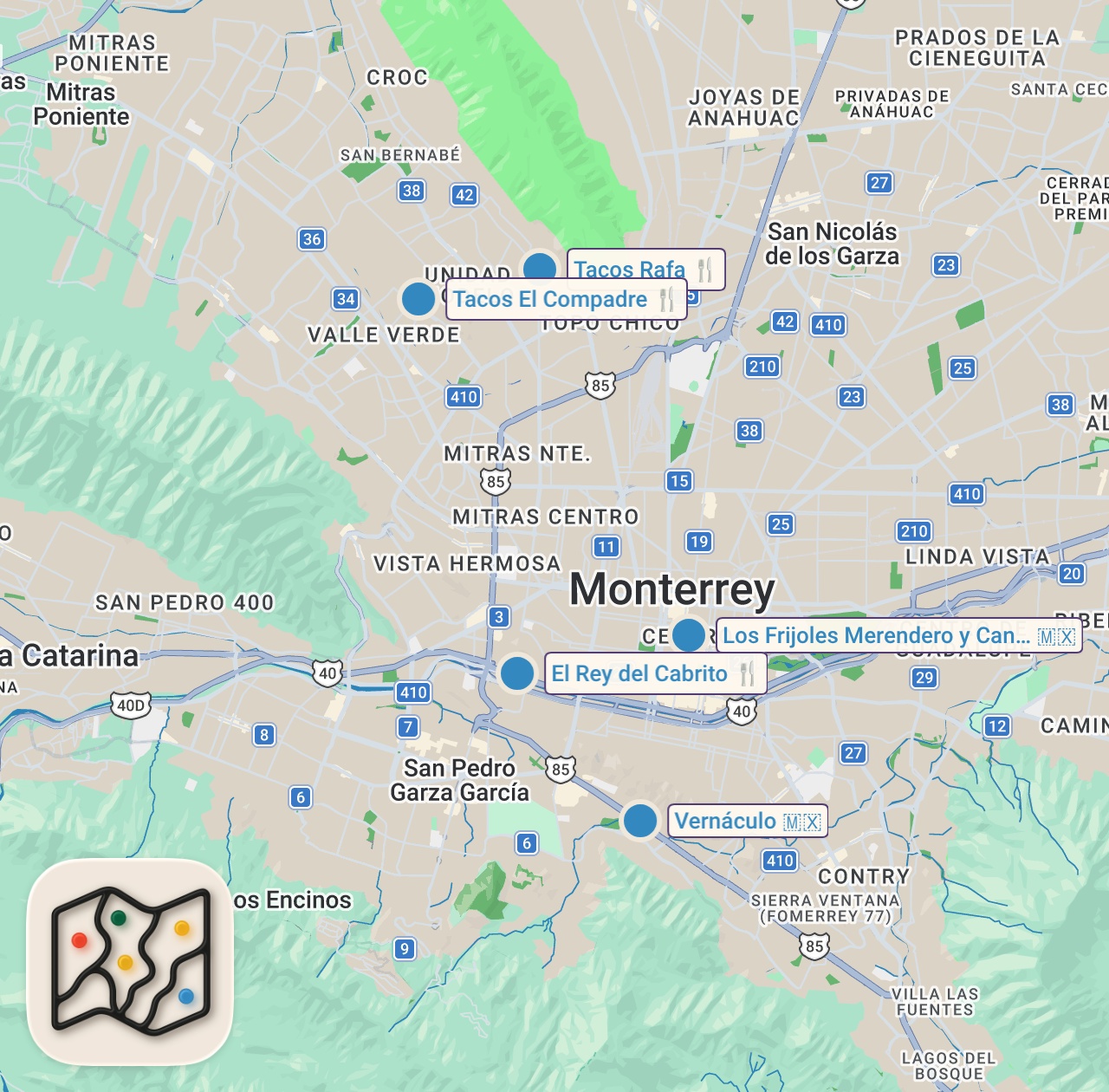 Map of 5 spots from 48 Hours Eating Monterrey's Most INSANE Food!