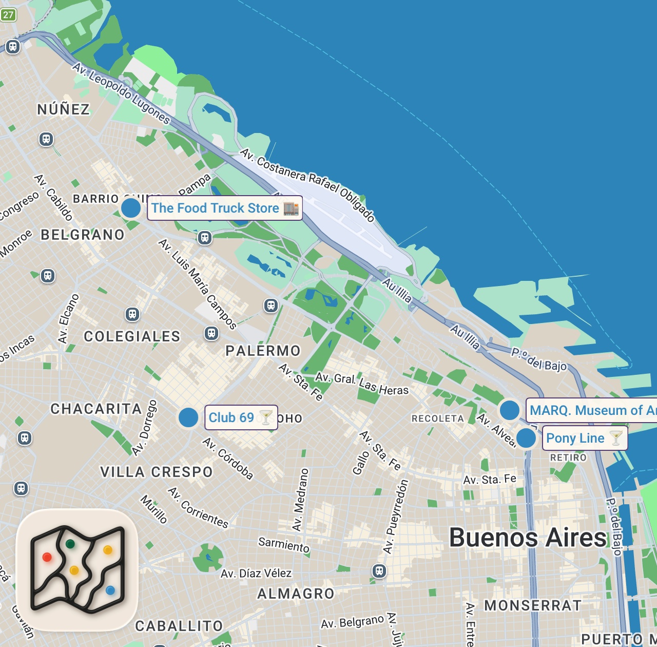 Map of 4 spots from NIGHTLIFE IN BUENOS AIRES, ARGENTINA