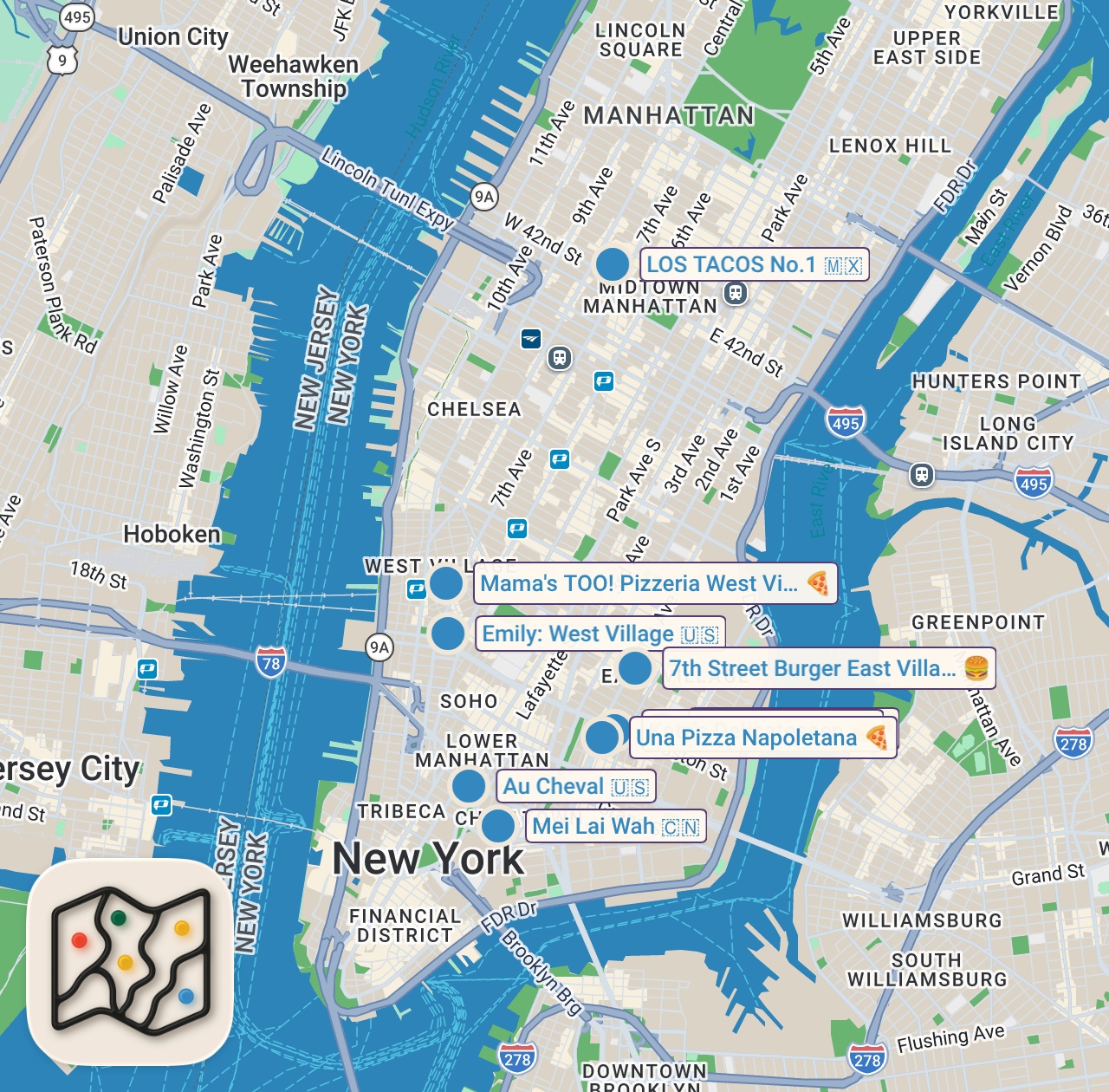 Map of 10 spots from Ranking 10 of the most viral spots in New York🗽🥯🍕🍔#newyork #nycfood #nyceats #nyc #newyorkfood