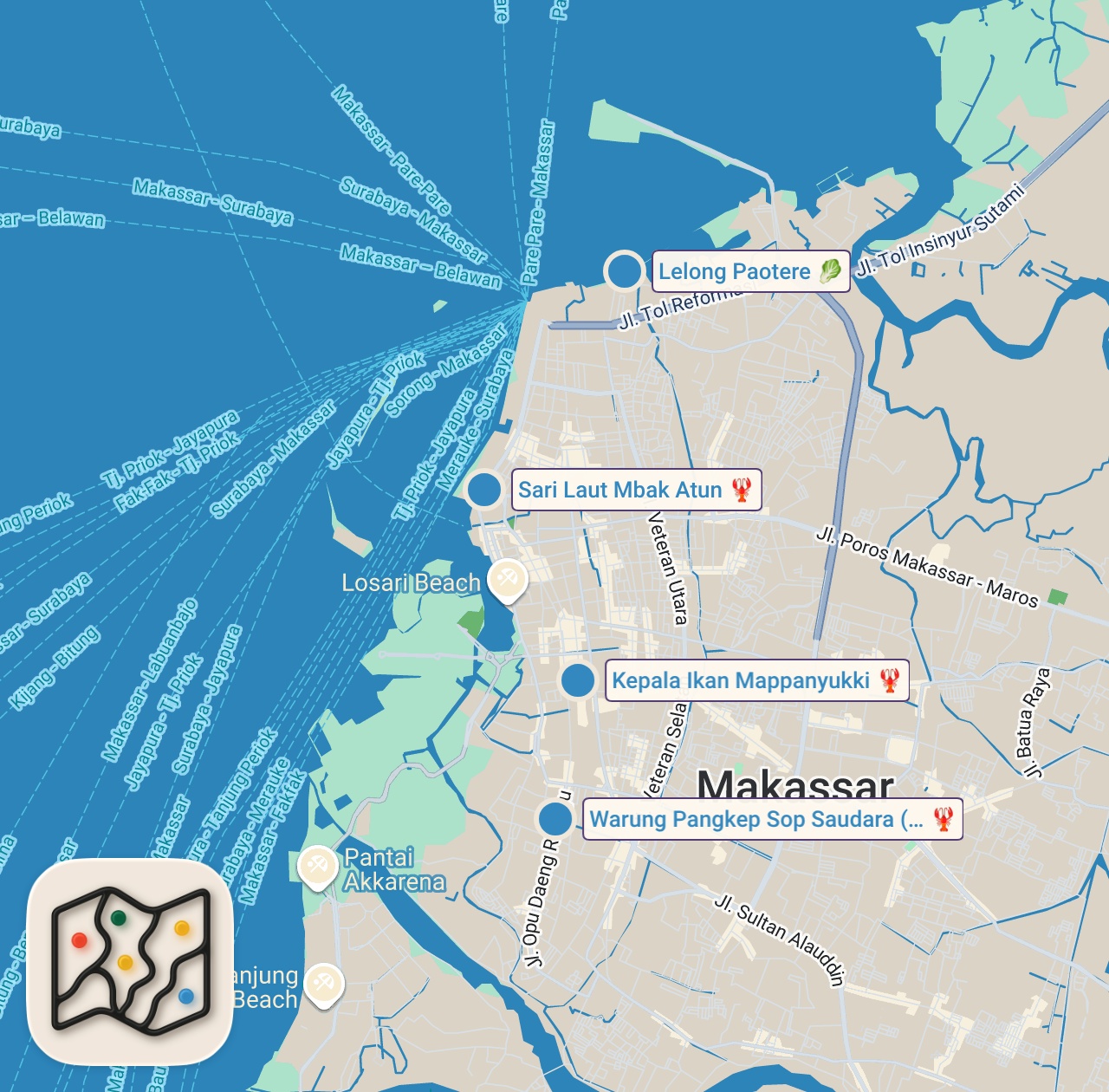 Map of 4 spots from Indonesia Seafood Paradise!! 🦐 23 DISHES IN ONE DAY - Best Food in Makassar!
