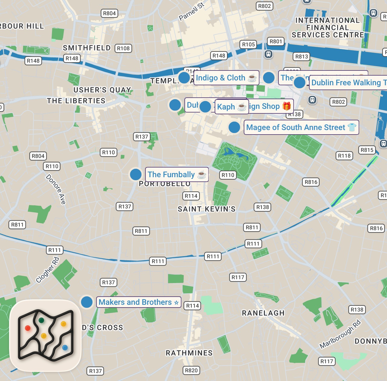 Map of 10 spots from DUBLIN STYLE & DESIGN - IRELAND TRAVEL VLOG #9
