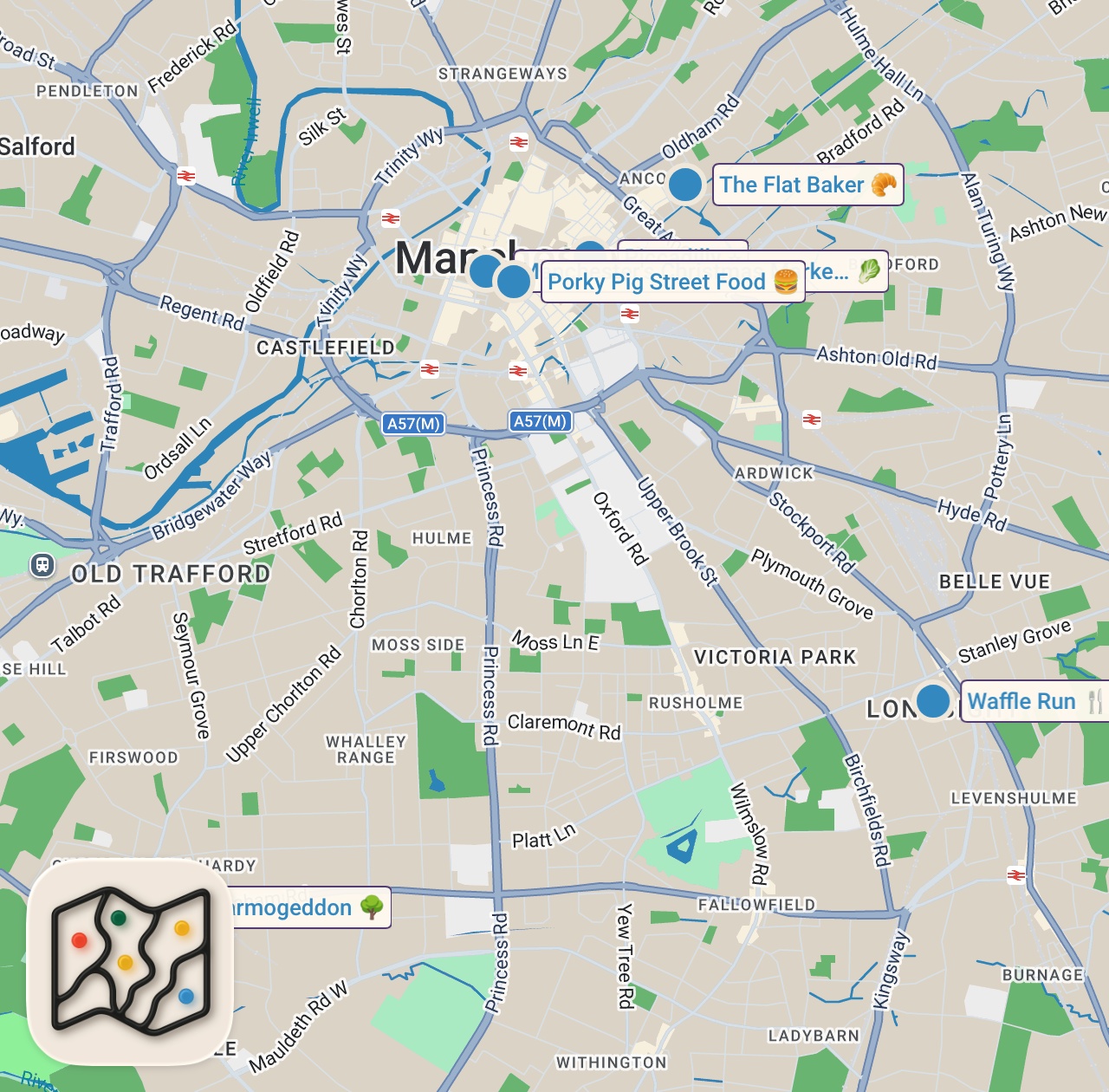 Map of 8 spots from MANCHESTER CHRISTMAS MARKET FOOD GUIDE