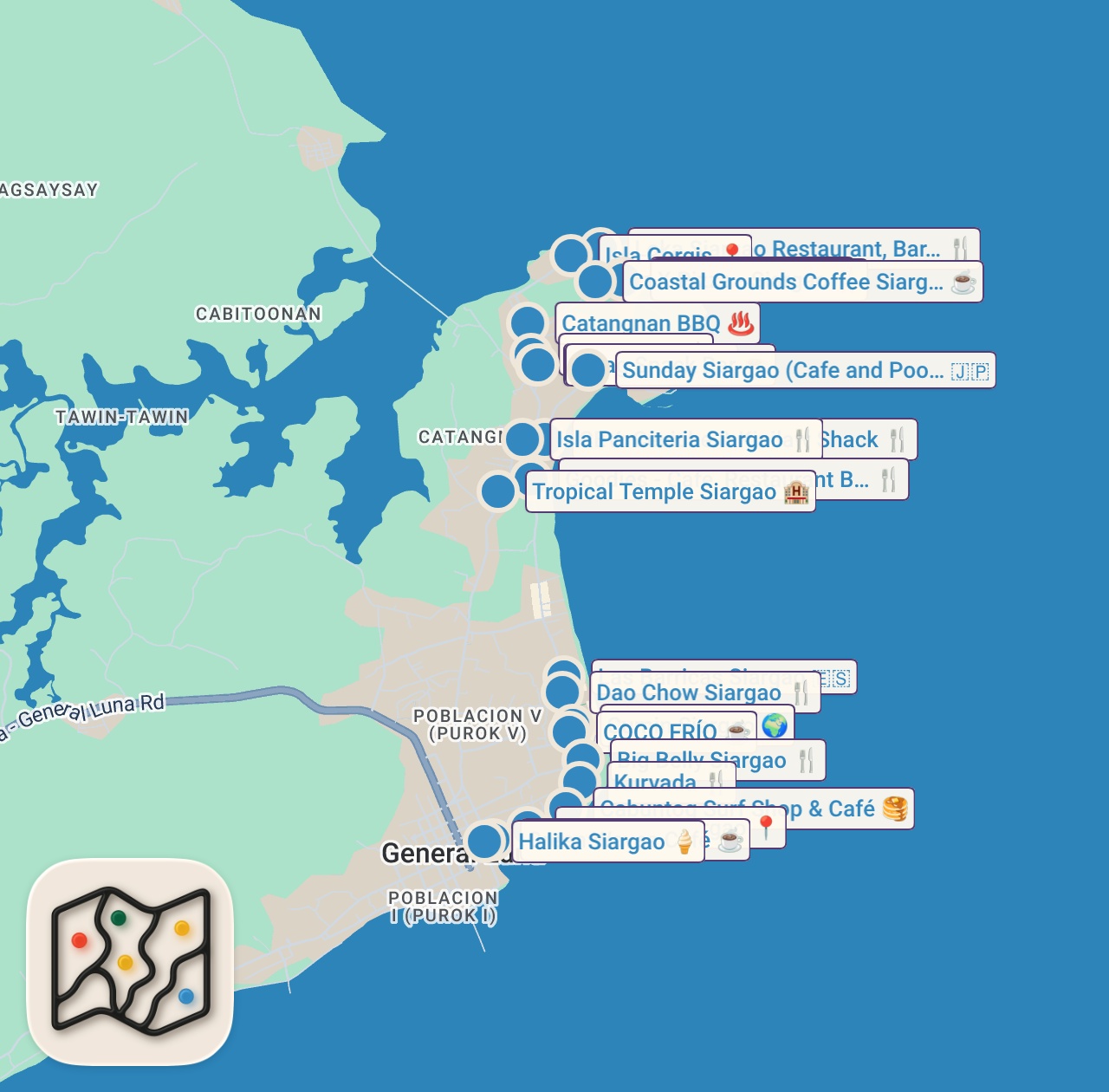 Map of 25 spots from 2026 Siargao Food Guide: 60 Must-Try Eats under ₱500 (w/ Prices!) • Budget Food Trip • Travel Vlog