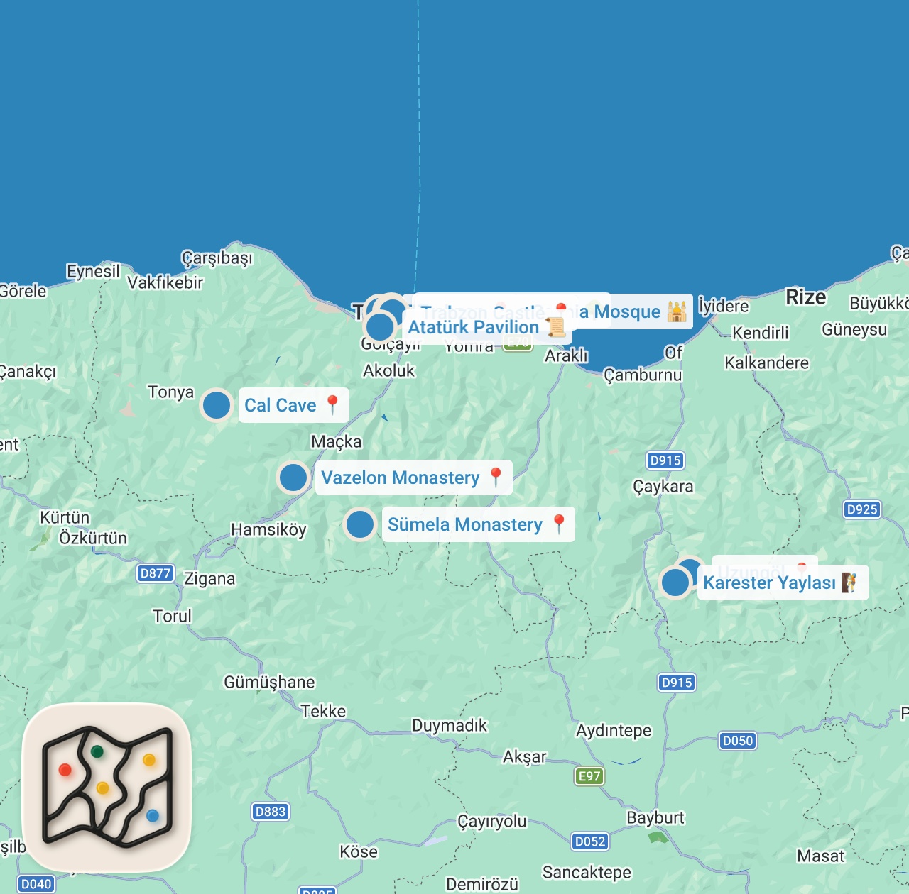 Map preview for TRABZON’DA GEZİLECEK YERLER | 3 GÜNLÜK GEZİ ROTASI