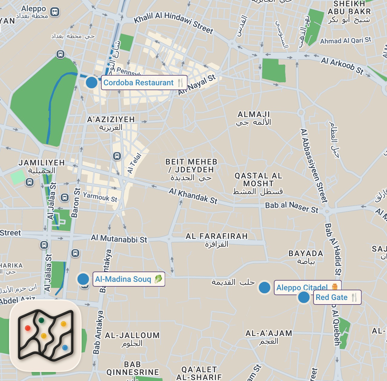 Map of 4 spots from Street Food Paradise in Syria!! $1 FALAFEL MOUNTAIN SANDWICH in Aleppo, Syria!!