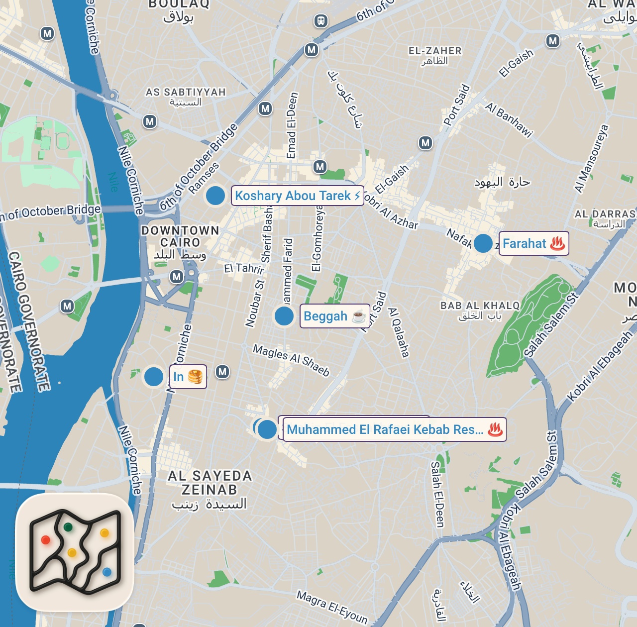 Map of 6 spots from Ultimate EGYPTIAN Street Food Tour!! They WARNED Me About Cairo!! 🇪🇬