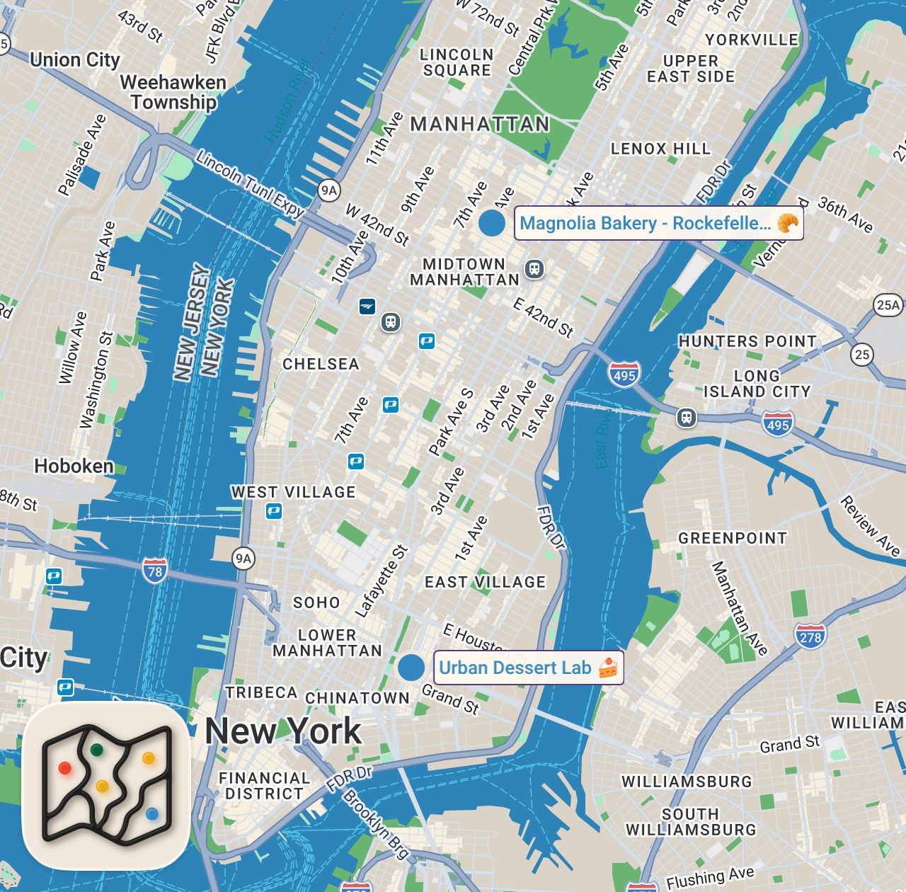 Map of 2 spots from Trying all the most iconic desserts in NYC in one day! #foodie #shorts #eating #nycfood #desserts