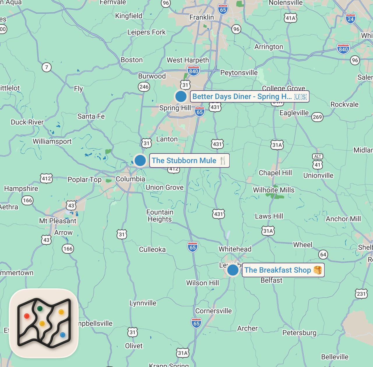 Map of 3 spots from I Tried Random Diners In Tennessee For 24 Hours... (Part 2)
