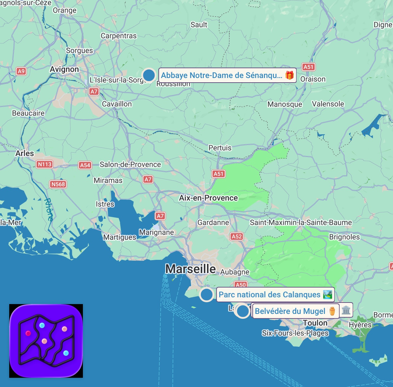 Map of 4 spots from 🇫🇷8 Amazing Days in The South of France, Provence - Places you must see - Travel Itinerary